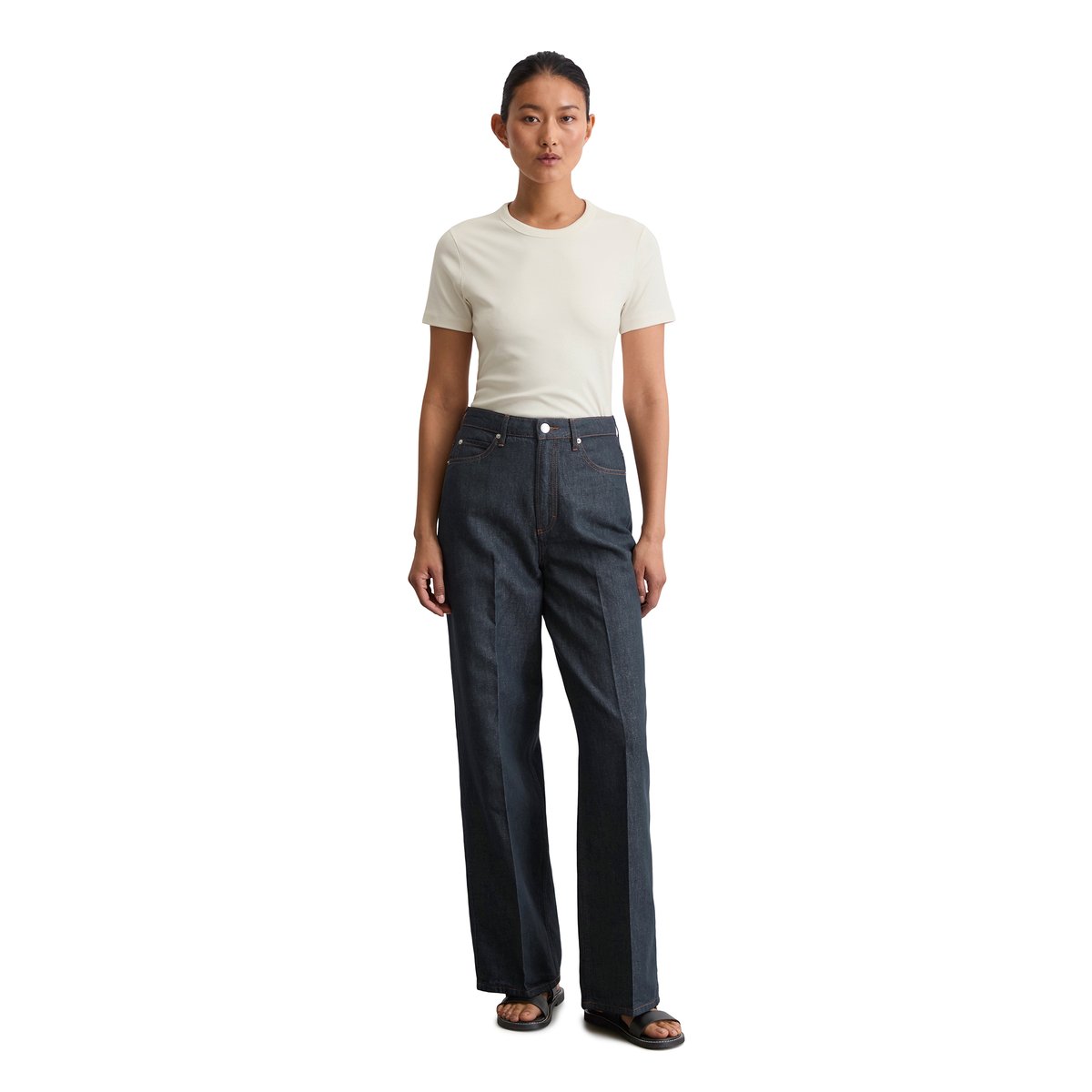 Jeans modèle Tolva large long en coton et lin mélangés bleu foncé, MARC O'POLO