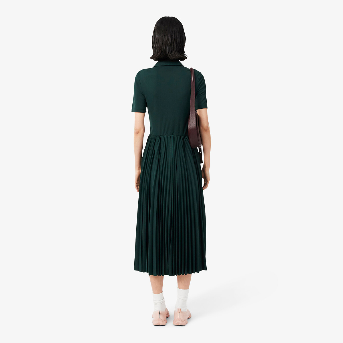 Robe midi à manches courtes, jupe plissée vert foncé, LACOSTE