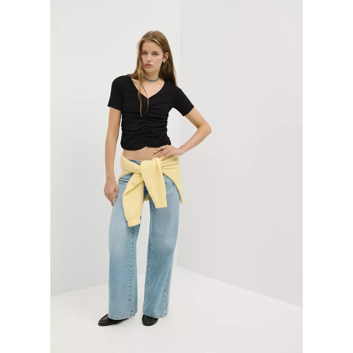 T-shirt coton drapé noir, MANGO TEEN