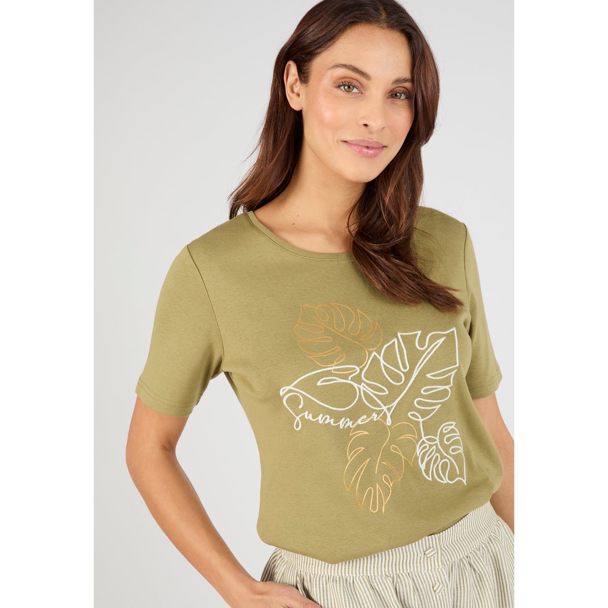 T-shirt brodé pur coton vert kaki grisé, DAMART