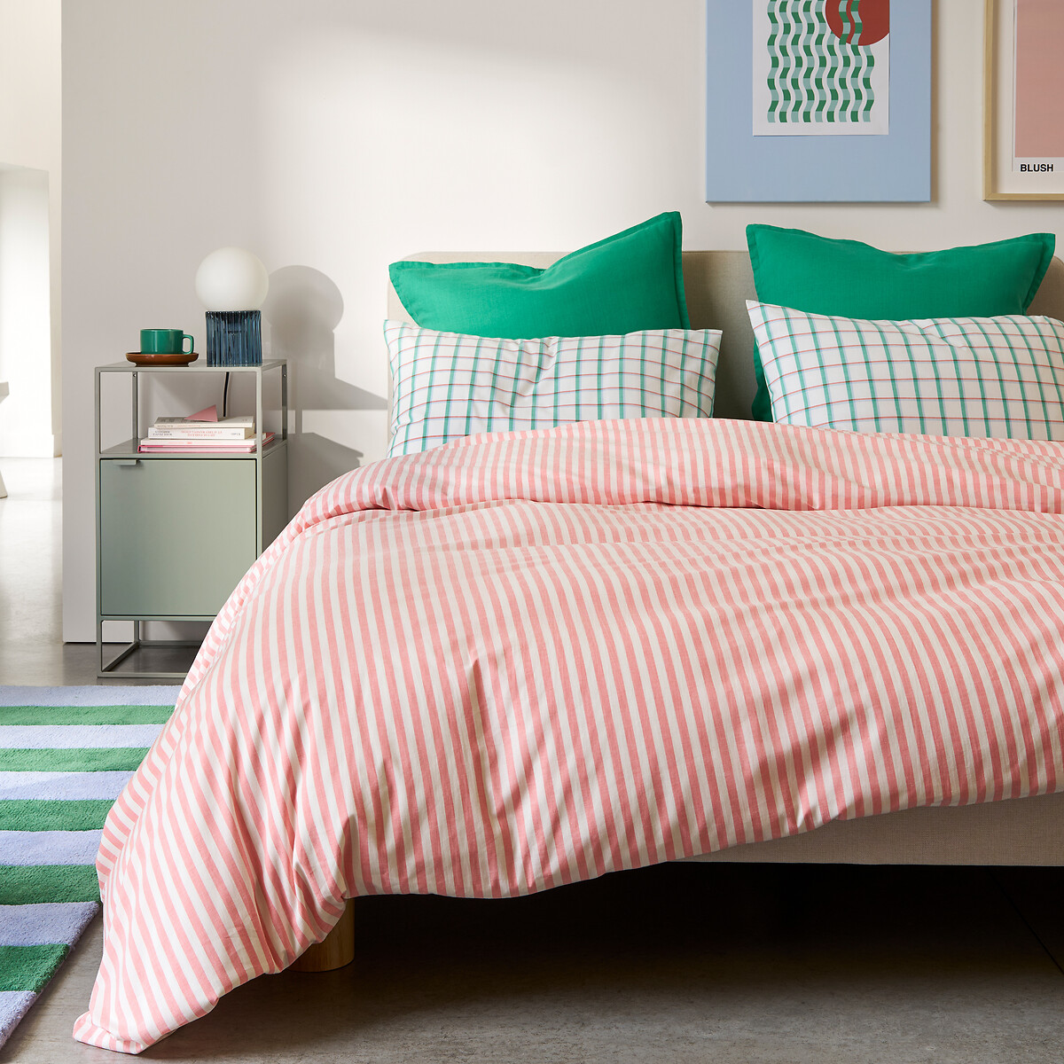 Housse de couette en coton, SOIZIC CORAIL rayé corail, LA REDOUTE INTERIEURS