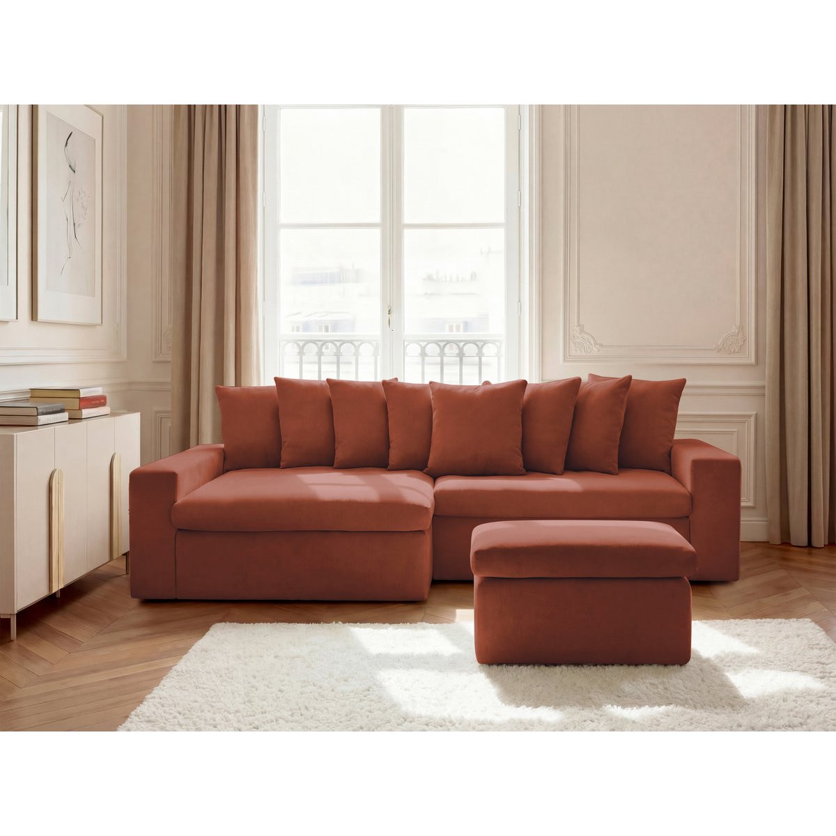 Canapé d'angle fixe 3 places en tissu lisse avec pouf, ENORE rouge, BOBOCHIC