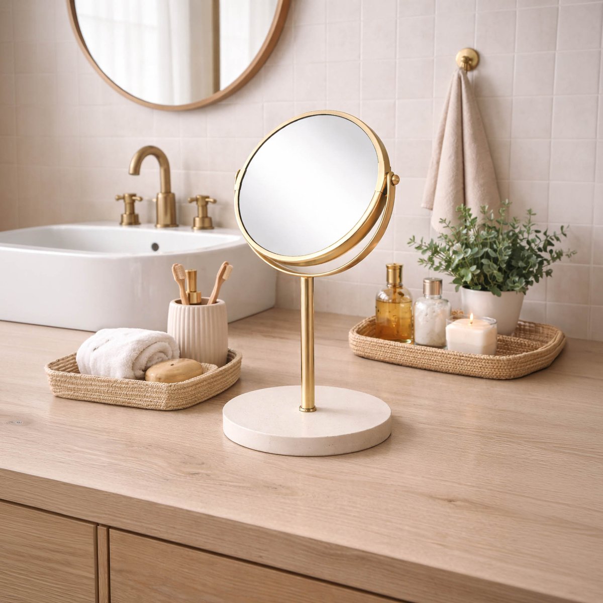 Miroir grossissant double face sur pied en métal doré, DOUCEUR D'INTÉRIEUR