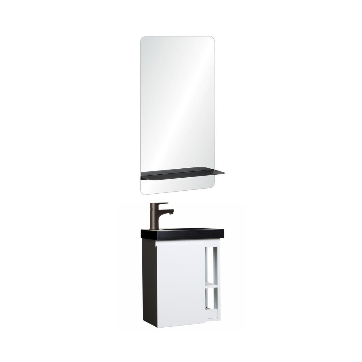 Ensemble lave-mains avec robinet noir et miroir tablette HAMPTON blanc brillant, MOB IN