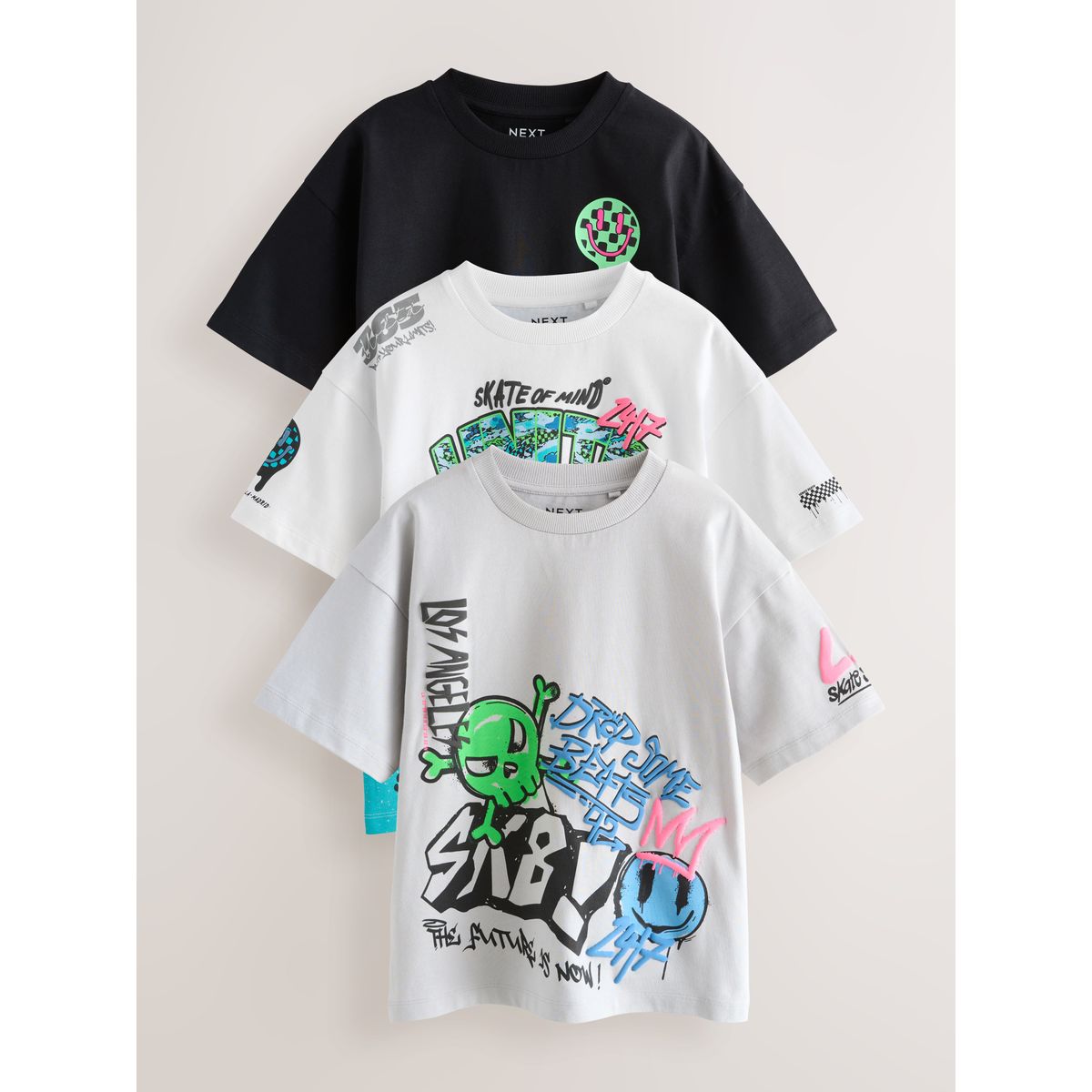T-shirt standard à imprimé, lot de 3 blanc/noir/gris, NEXT