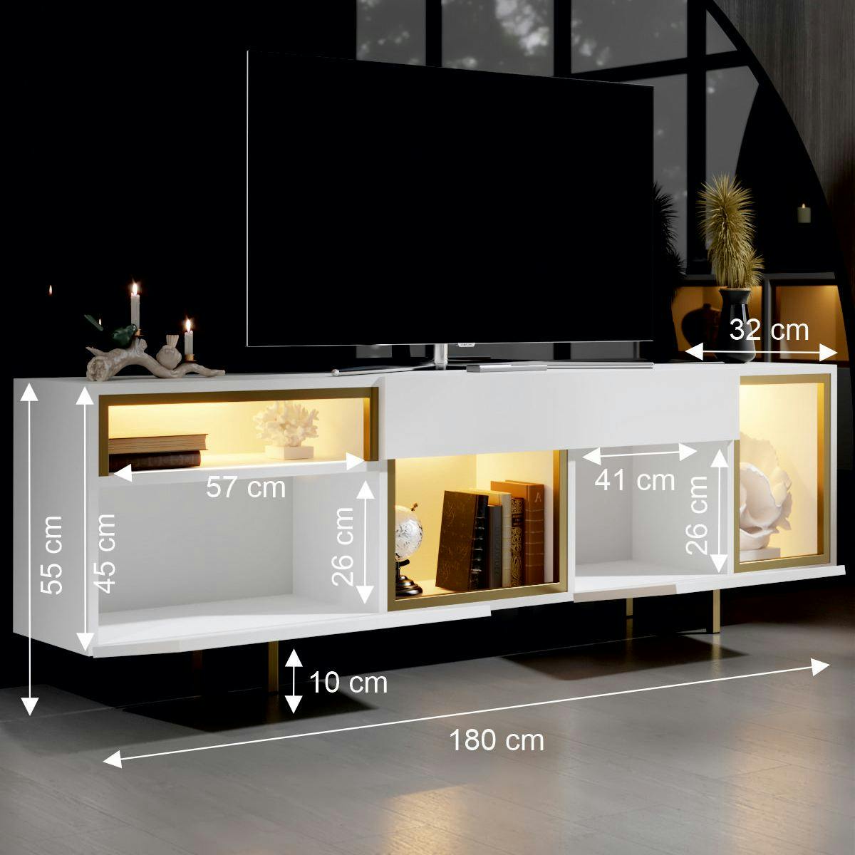 Meuble TV 2 portes, 3 niches éclairage LED AURA blanc, PIER IMPORT