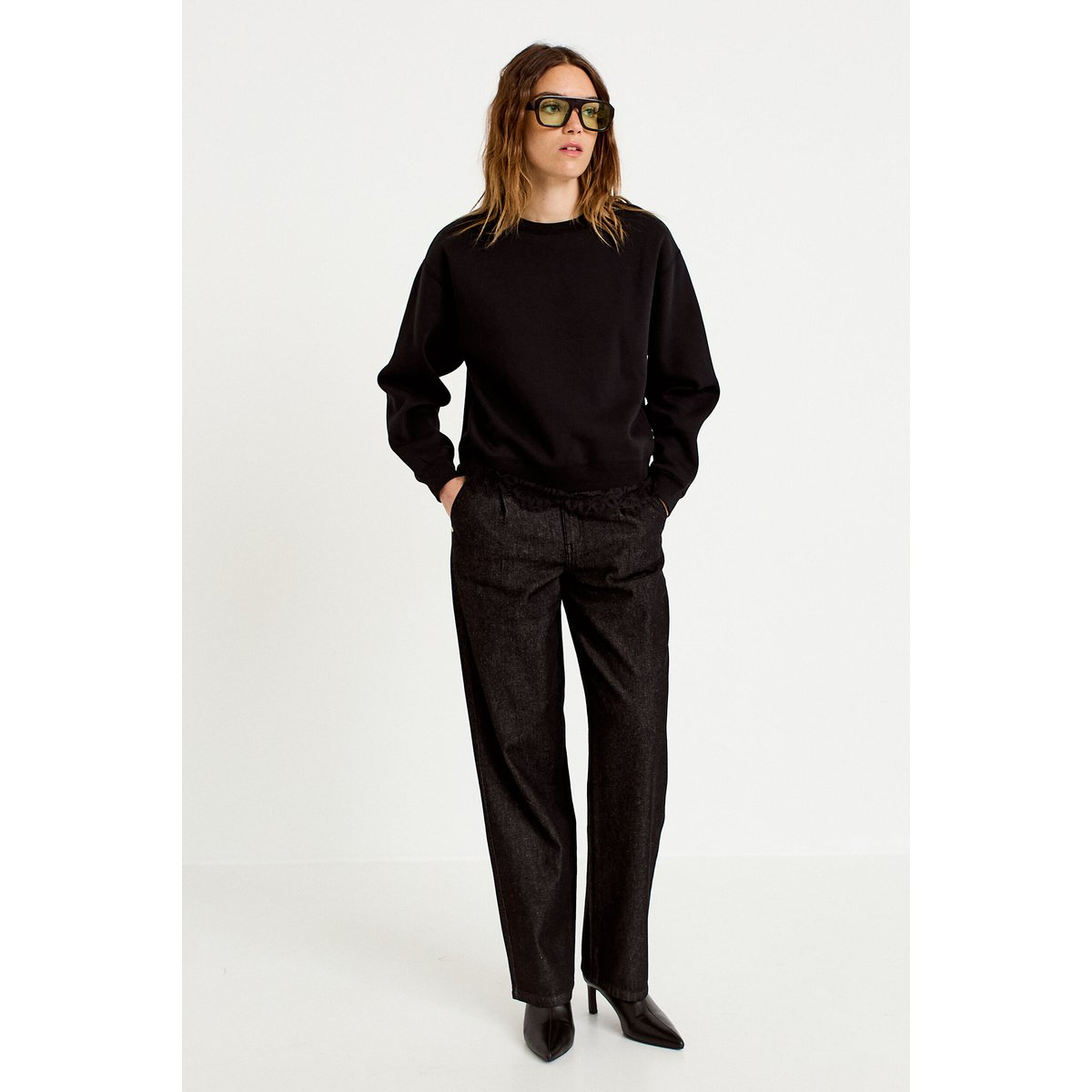Jean wide leg taille haute denim noir, CACHE CACHE