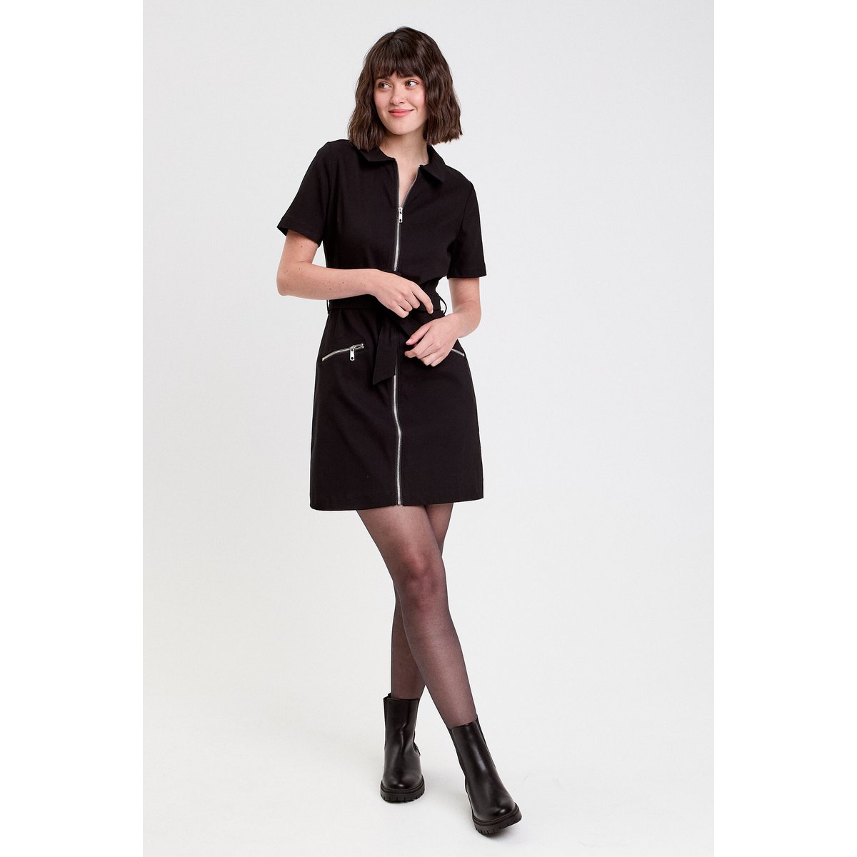 Robe droite zippée ceinturée noir, CACHE CACHE