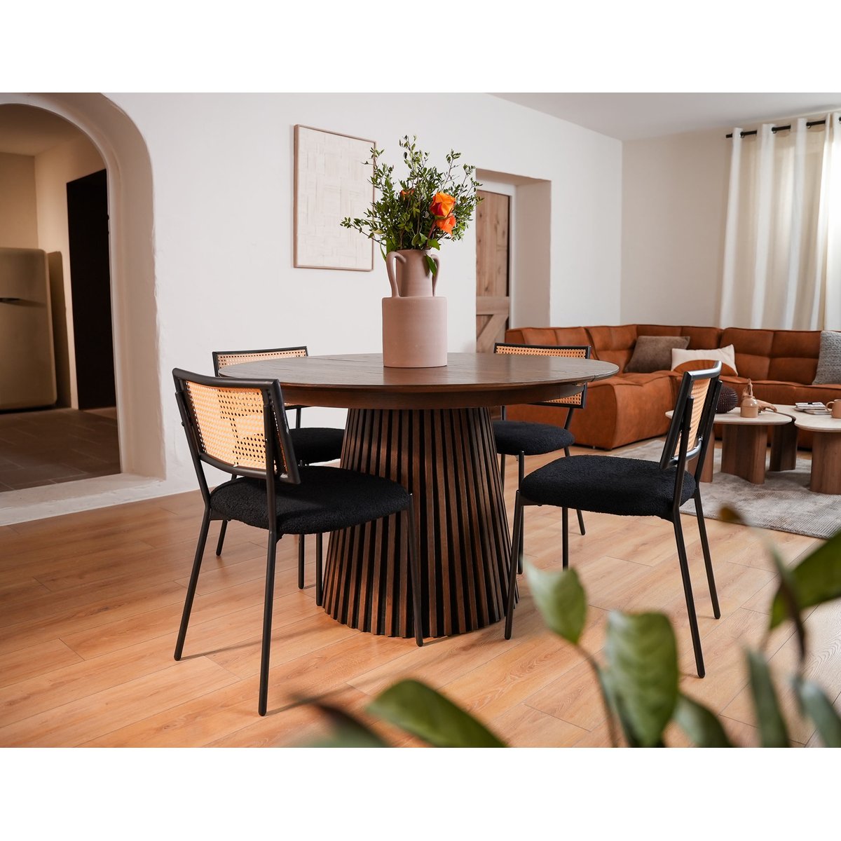 Table à manger ronde extensible bois 4-8pl, FREYA marron, BEST MOBILIER