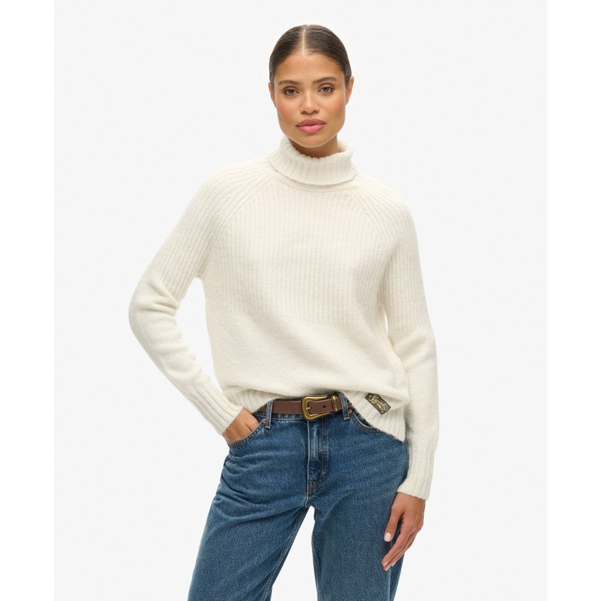 Pull en maille côtelée Essential écru, SUPERDRY