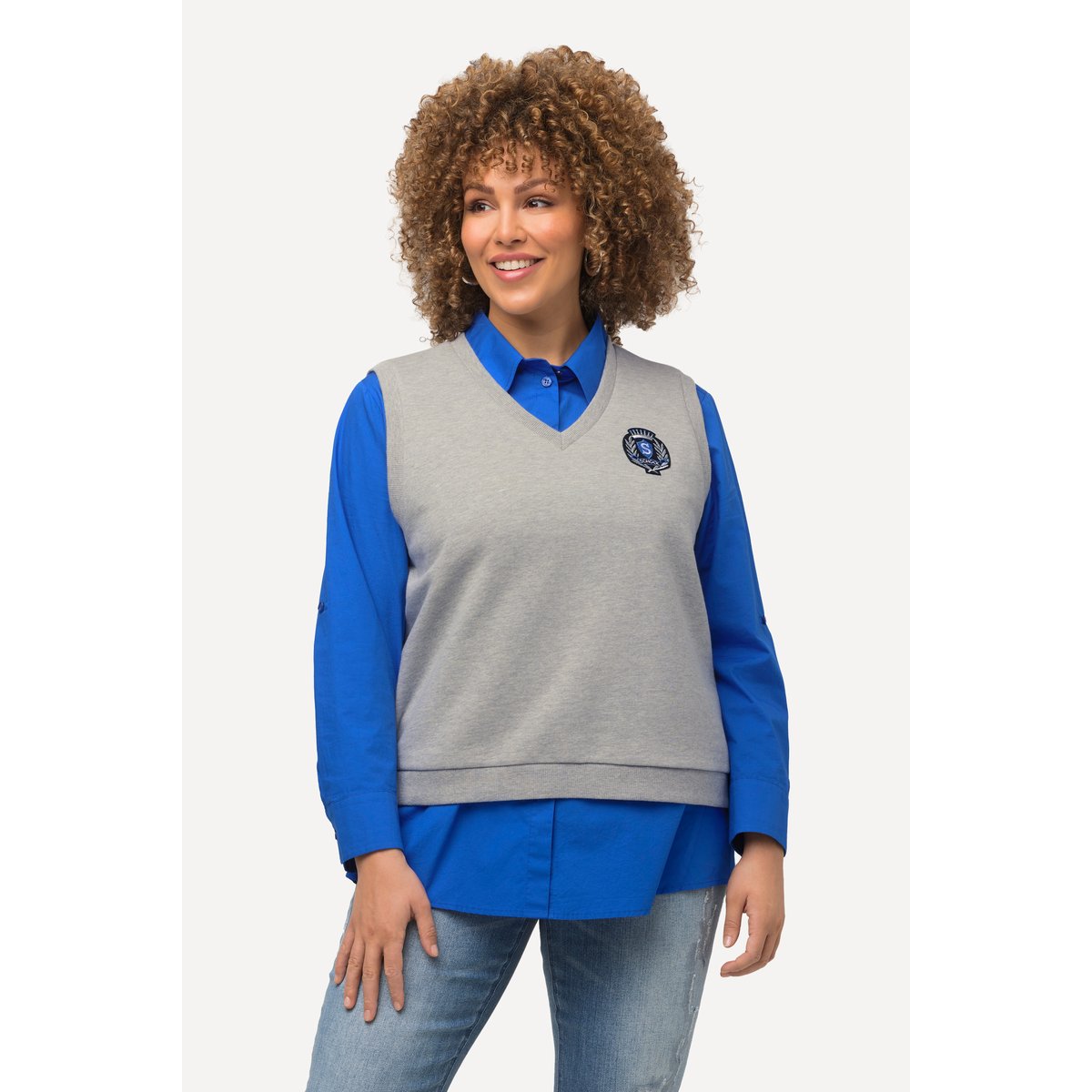 Pull sans manches en molleton à col en V gris clair chiné, ULLA POPKEN