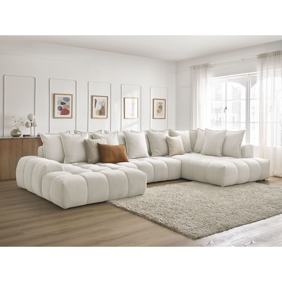 Canapé panoramique convertible 6 places en tissu texturé, EVEREST blanc, BOBOCHIC
