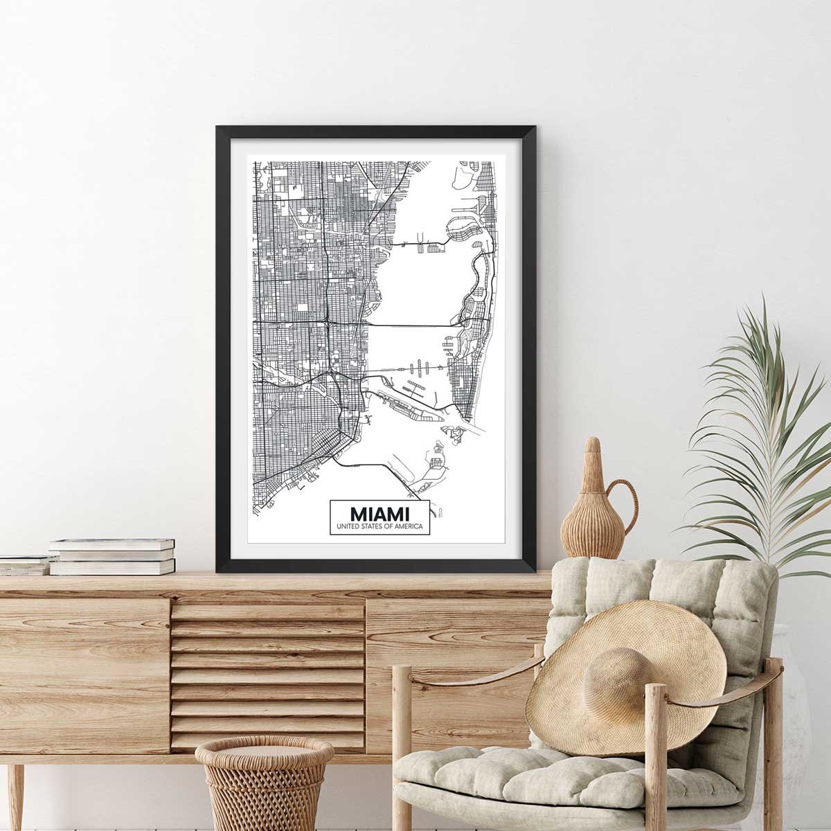 Affiche graphique miami usa affiche + cadre en bois - noir, HEXOA