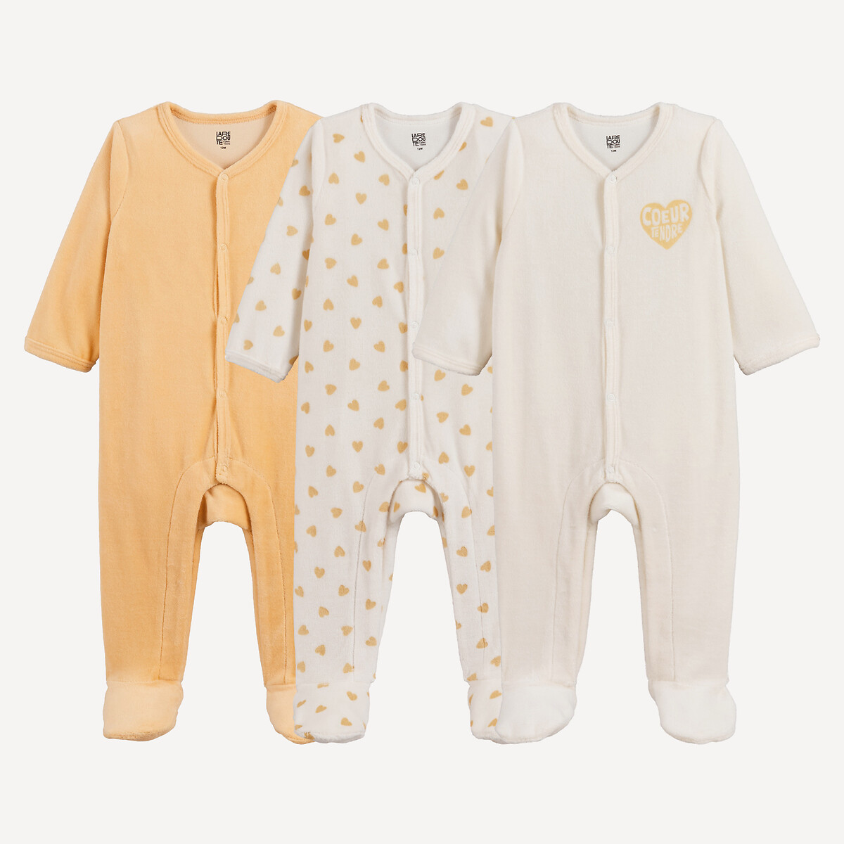 Pack of 3 Heart Print Velour Sleepsuits ecru/yellow, LA REDOUTE COLLECTIONS