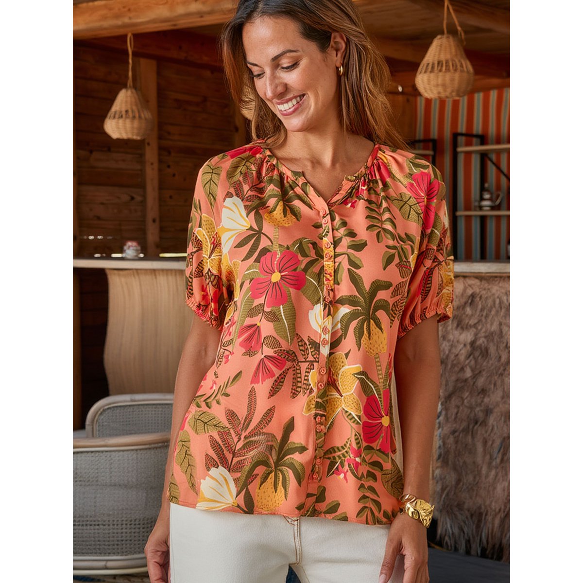 Blouse fluide imprimé fond orange, DAXON