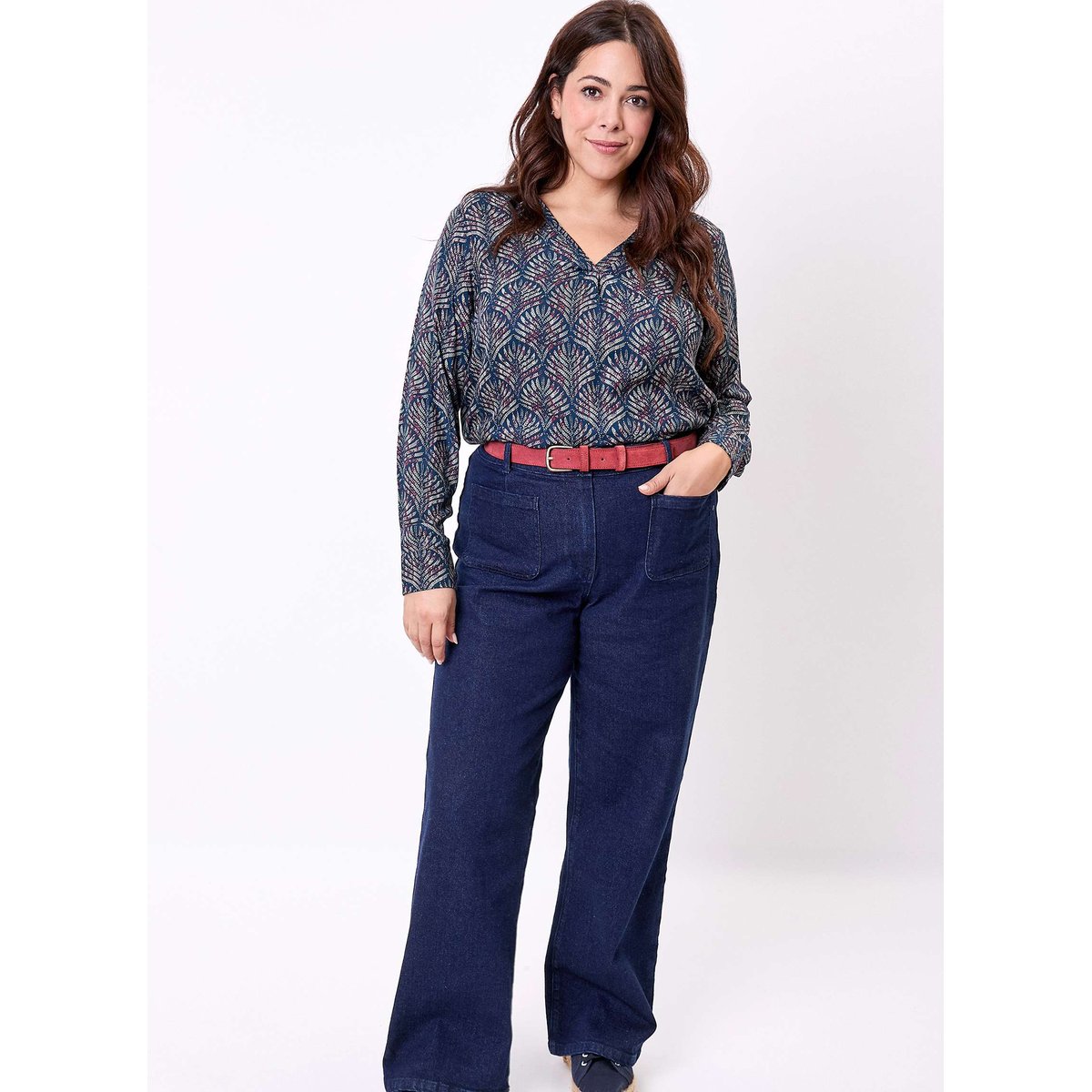 Blouse imprimée fluide évasée col V PALASI bleu horizon kumar, LA FIANCÉE
