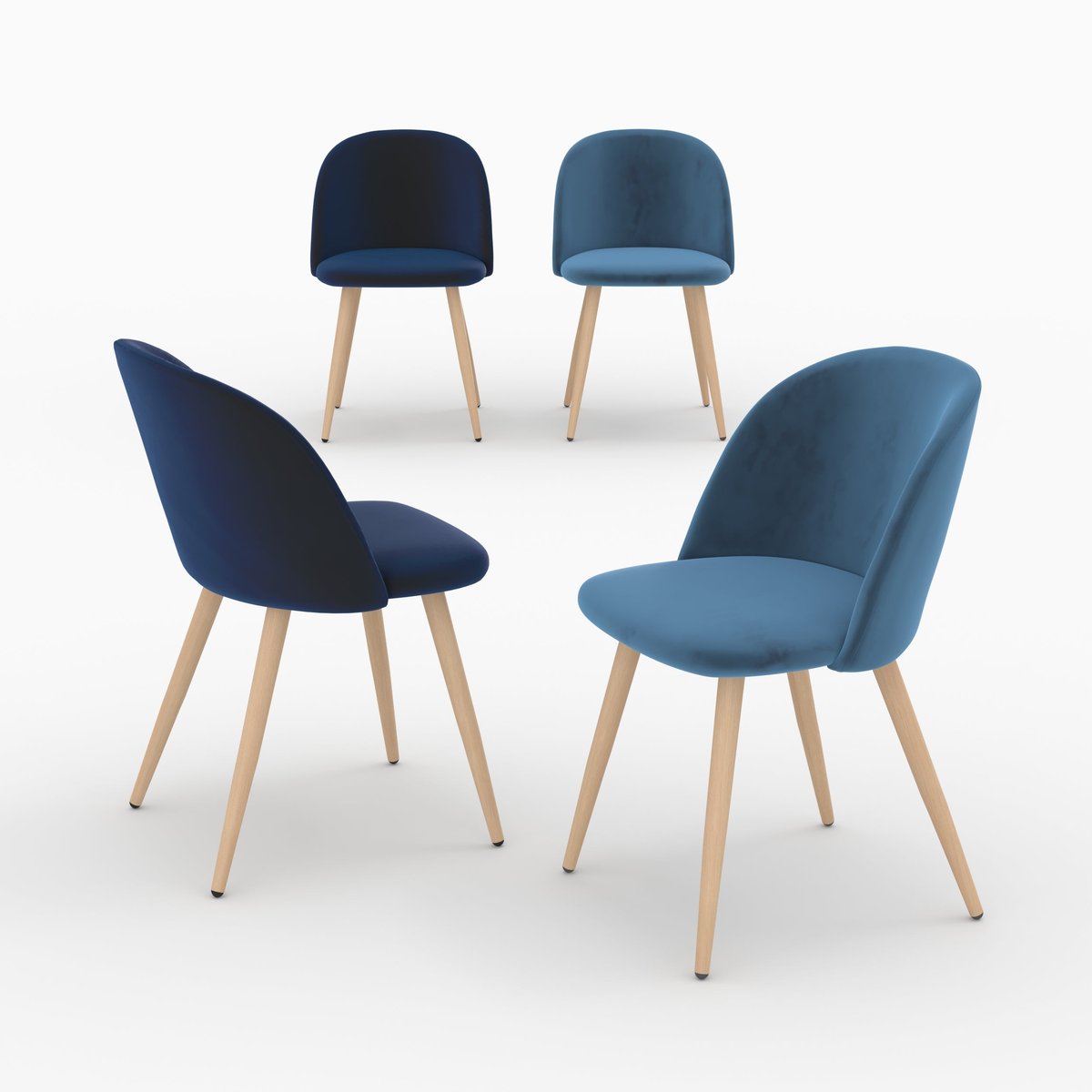 Pack 4 chaises en velours - COZY bleu et bleu foncé, MAISON PAVANE