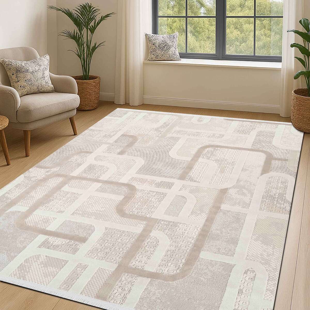 Tapis doux moderne en relief géométrique GEO beige, THE DECO FACTORY