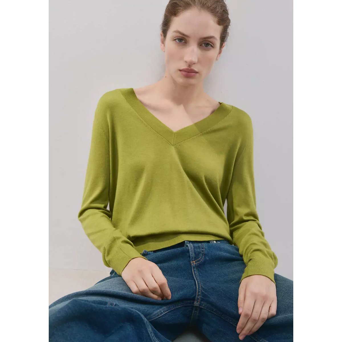 Pull-over maille col en V vert, MANGO