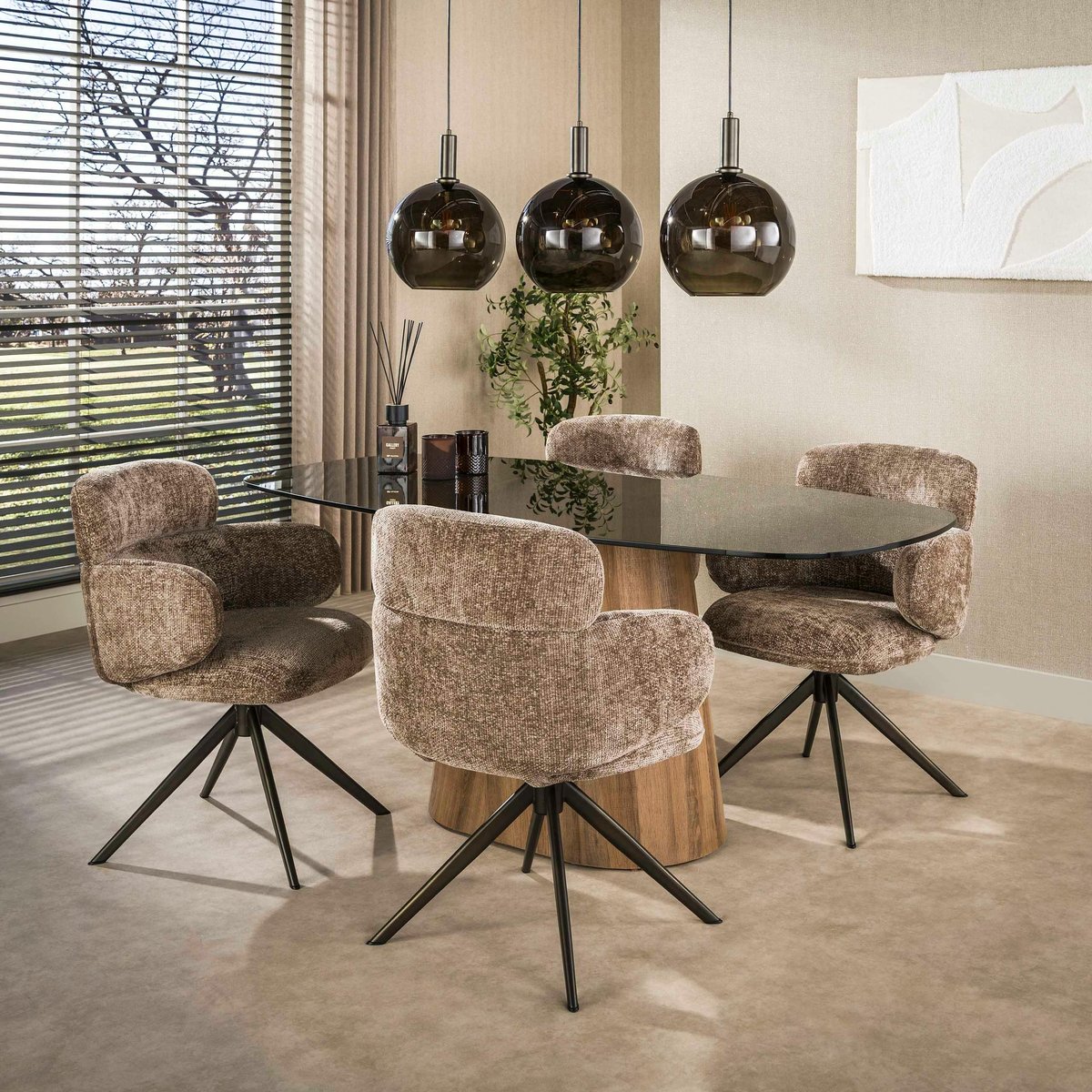 Table à manger en verre fumé design ovale organique 180 cm MILOS marron, PIER IMPORT