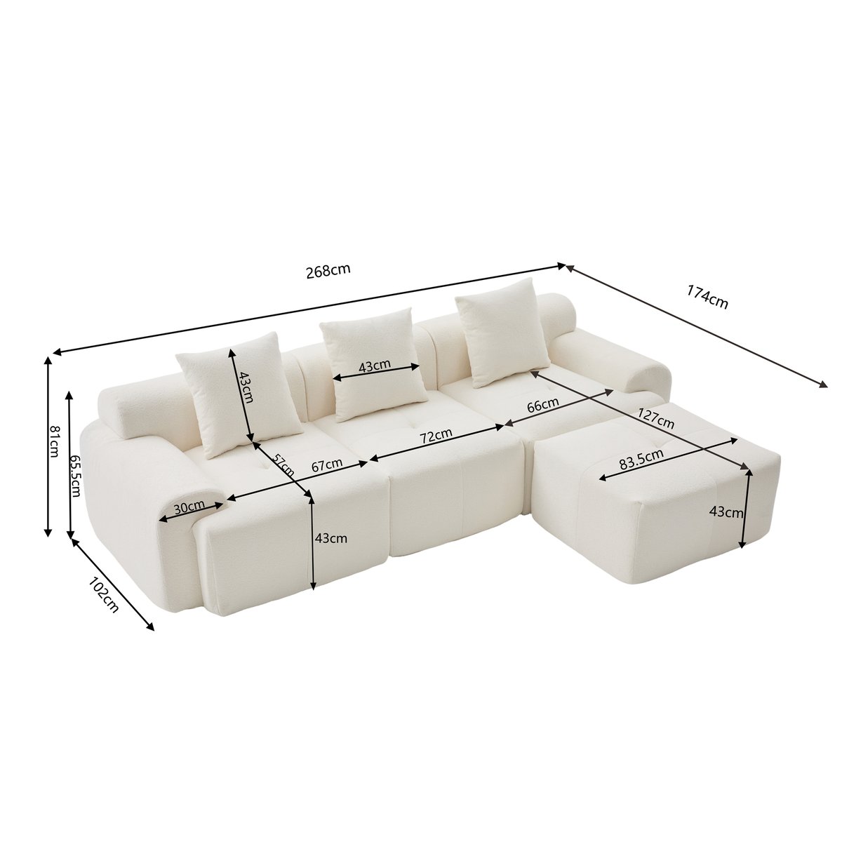 Canapé d'angle réversible compressé 3 places avec pouf, LANDIB beige, MEUBLES COSY