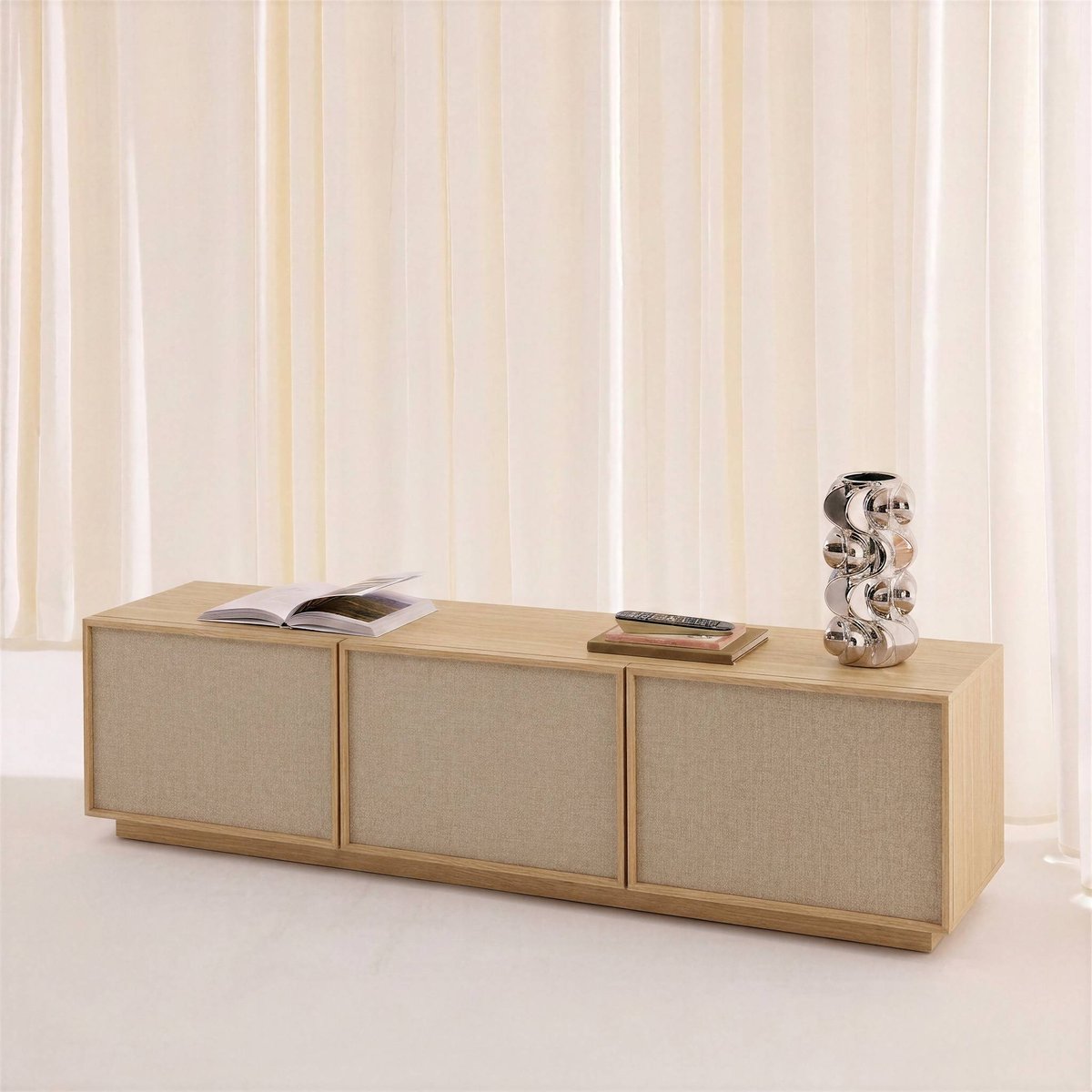 Meuble TV décor bois et tissu 3 portes 180cm KUBA naturel, SWEEEK