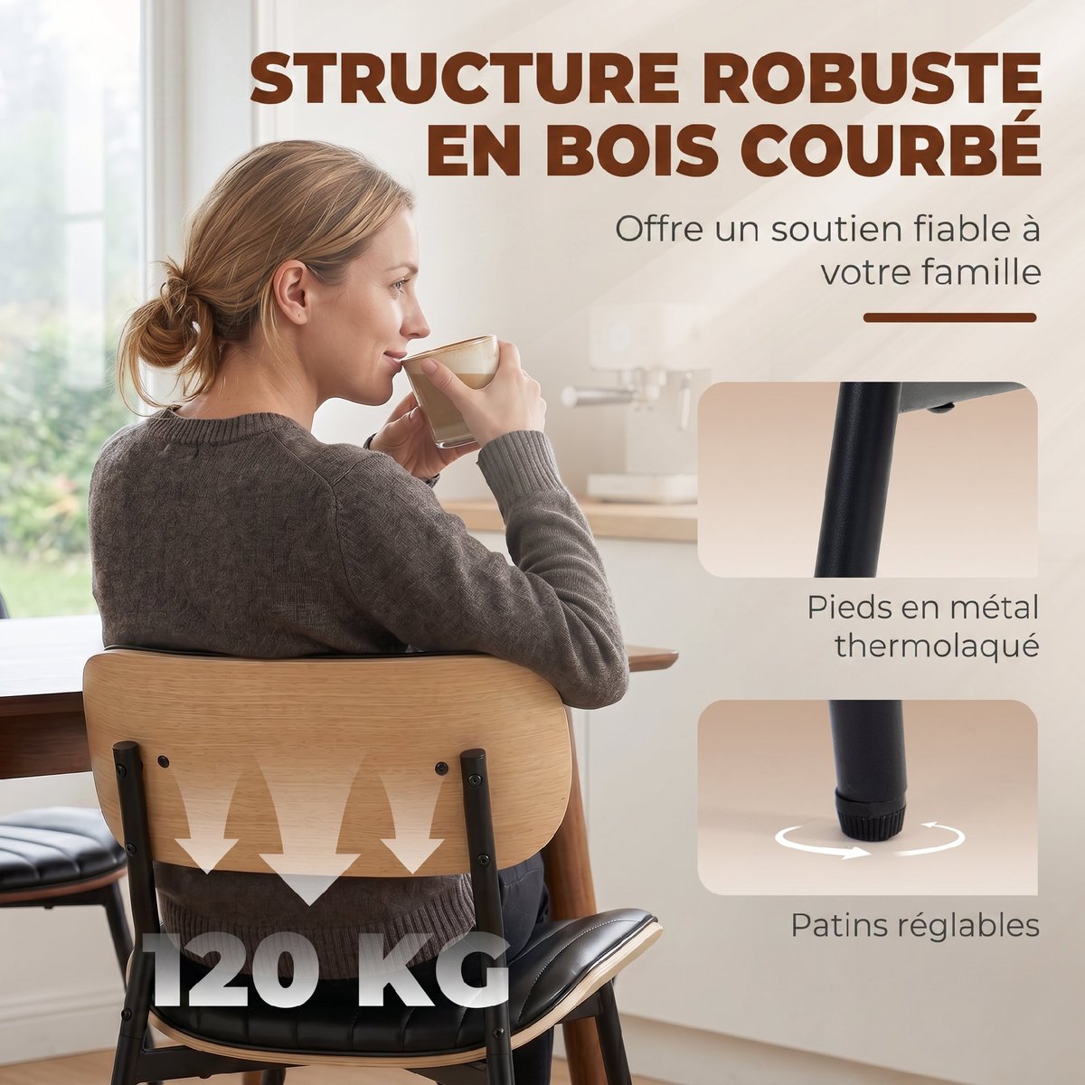 Chaise de salle à manger PU Noir et bois noir et bois naturel, HOMCOM