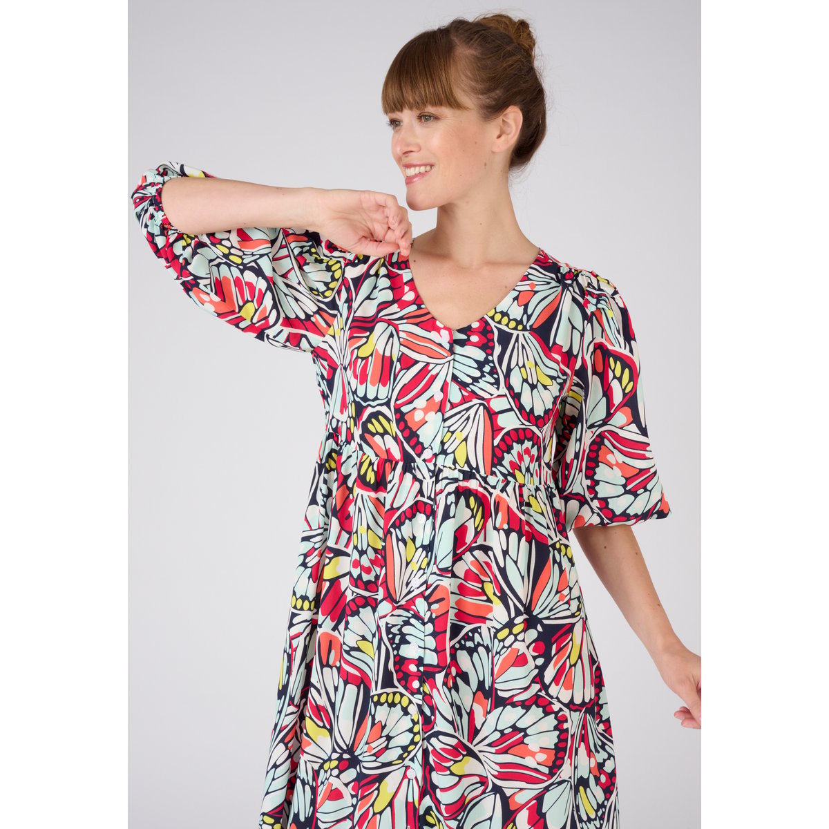 Robe imprimée manches bouffantes Climatyl bleu grands papillons, DAMART