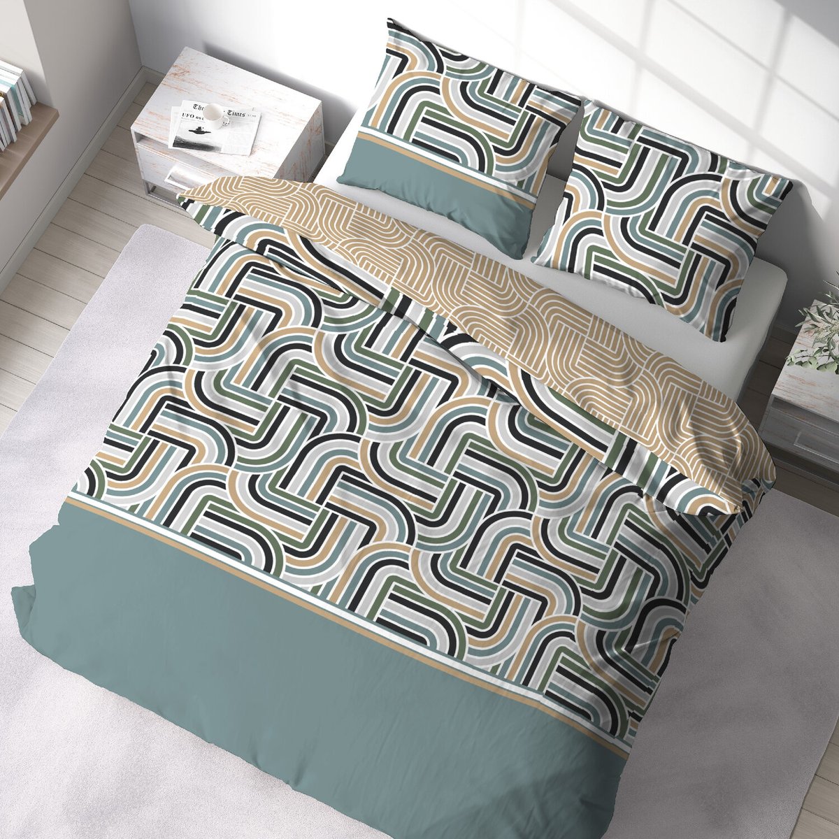 Parure housse de couette en coton imprimée, Loute vert, C DESIGN HOME TEXTILE