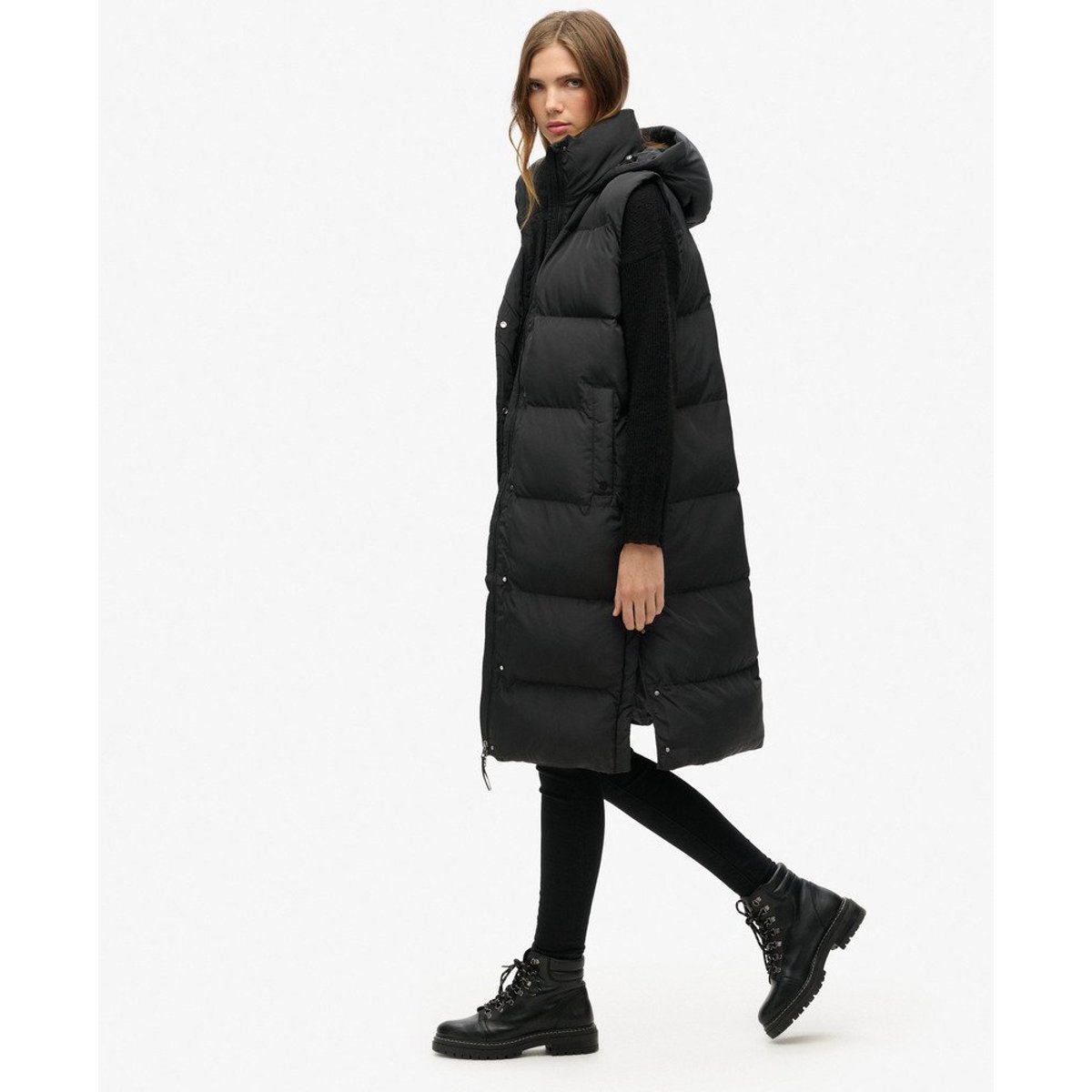 Doudoune longue sans manches à capuche noir, SUPERDRY