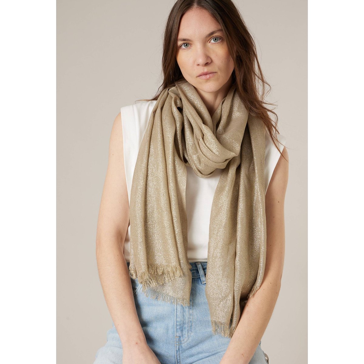 Foulard femme uni finition brillante MEREDITH beige, DEELUXE