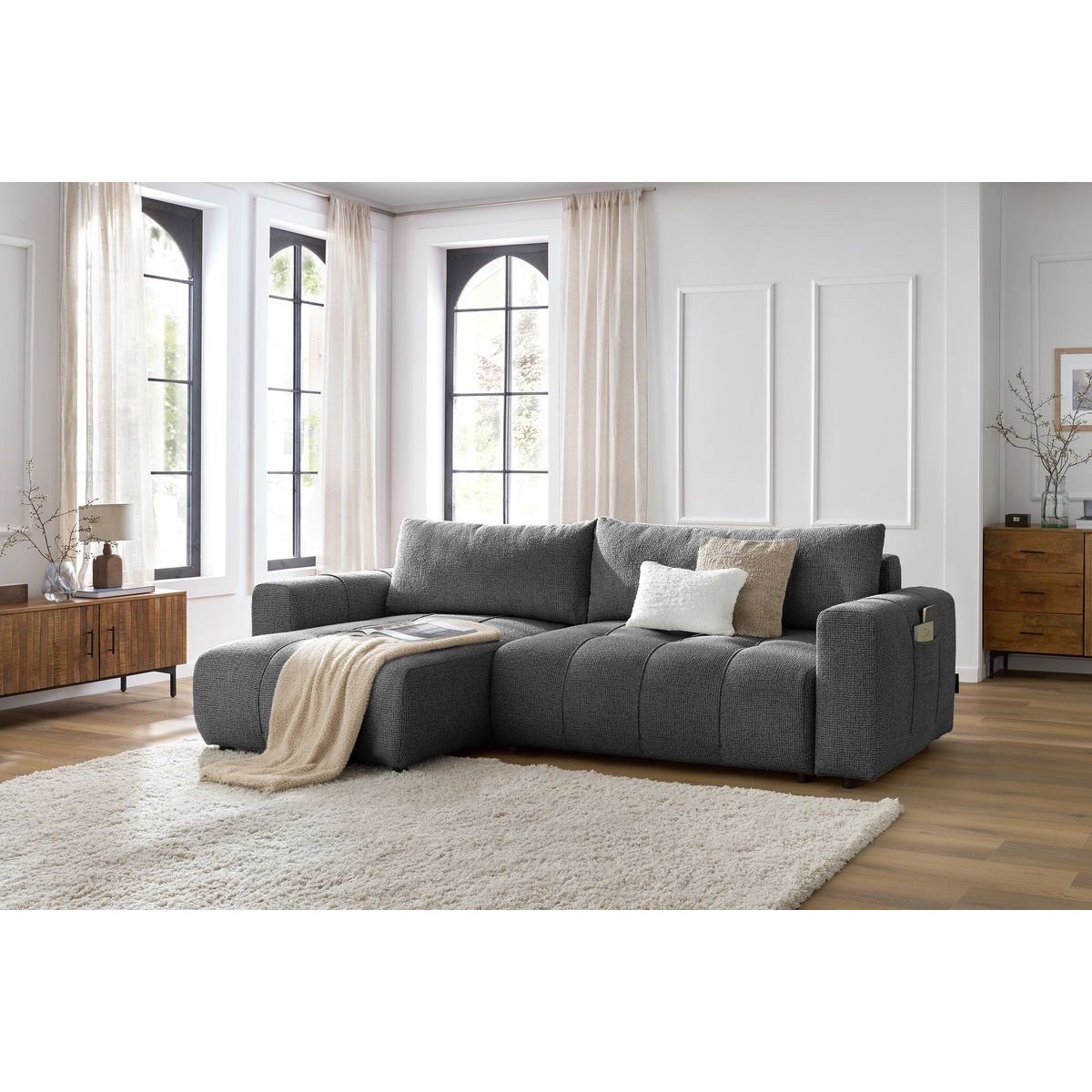 Canapé d'angle convertible 3 places en tissu chiné, ARSENE gris foncé, BOBOCHIC