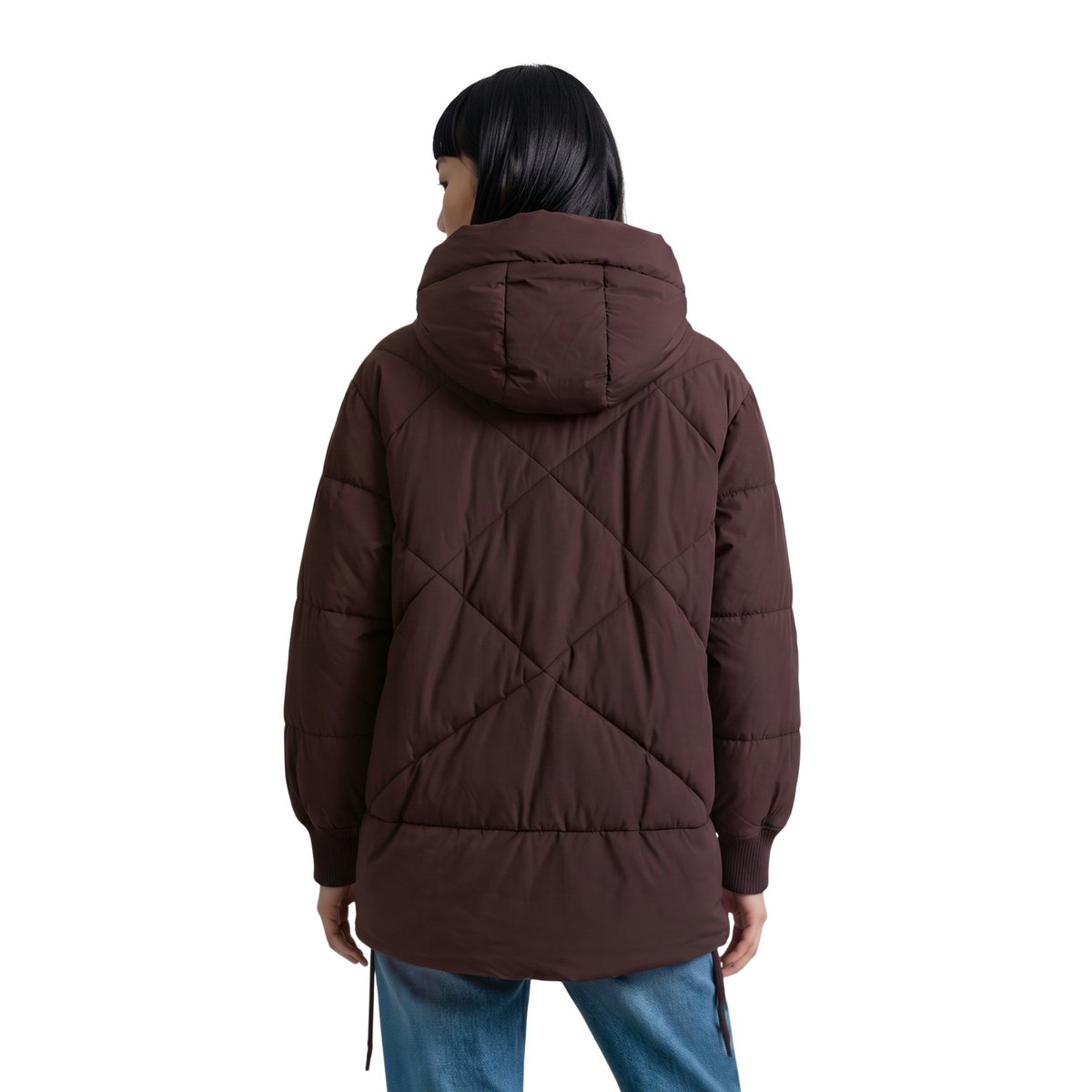 Veste matelassée longue à capuche, coupe décontractée en polyester recyclé marron foncé, MARC O’POLO DENIM