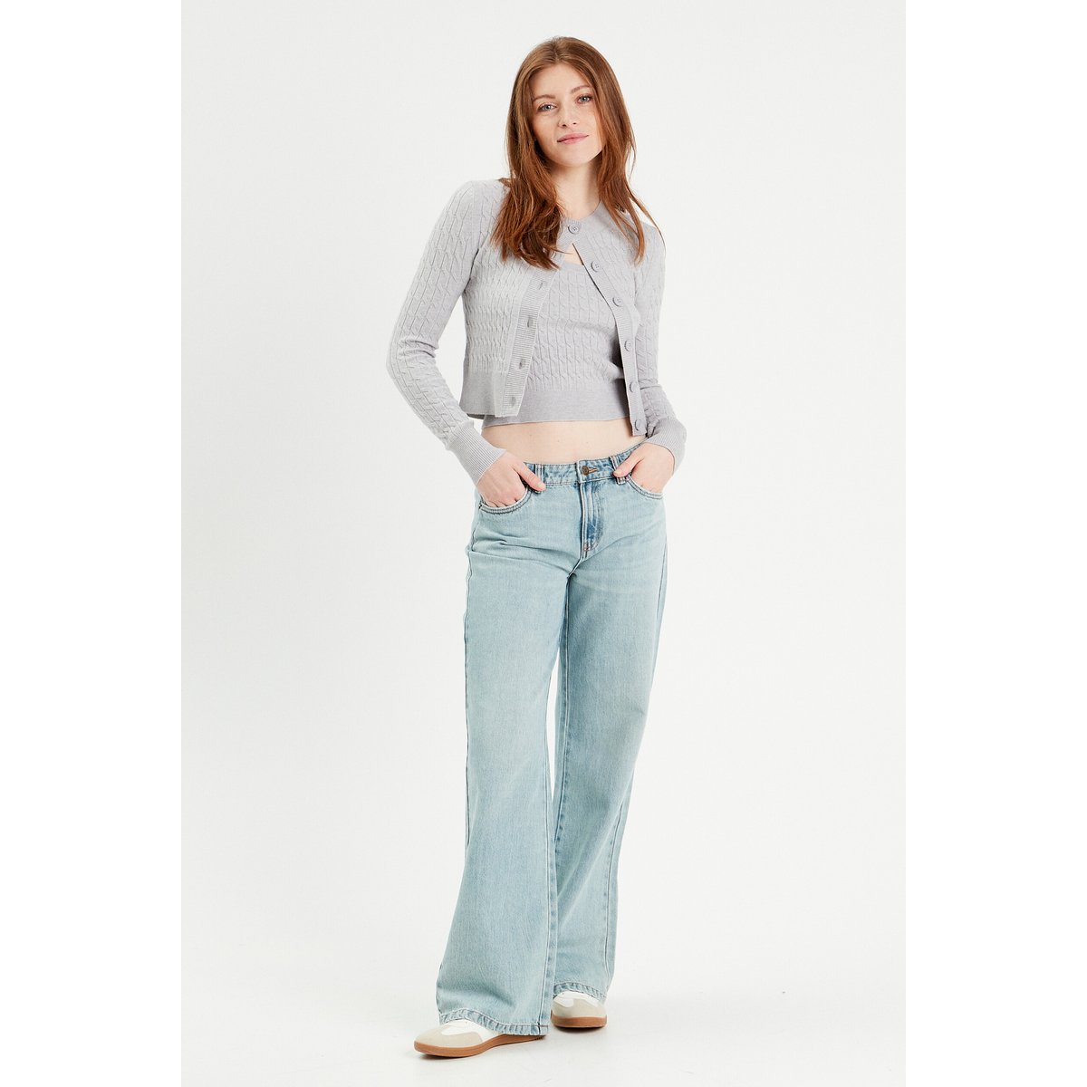 Débardeur tricot torsades gris clair, CACHE CACHE