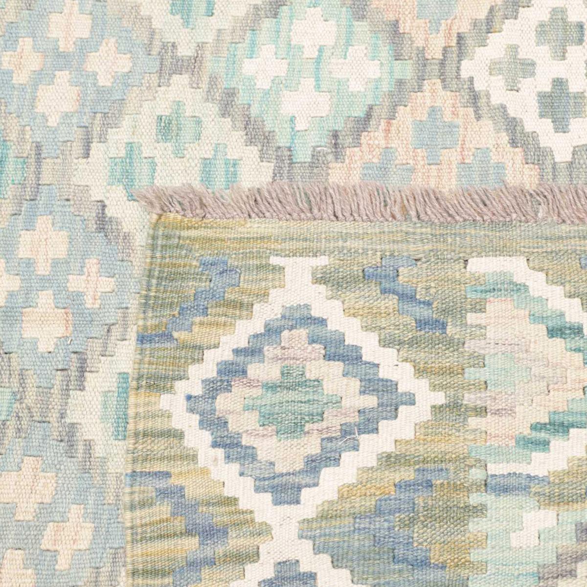 Tapis d'orient géométrique, tissé plat en laine, KILIM 20 bleu, beige, blanc, UN AMOUR DE TAPIS