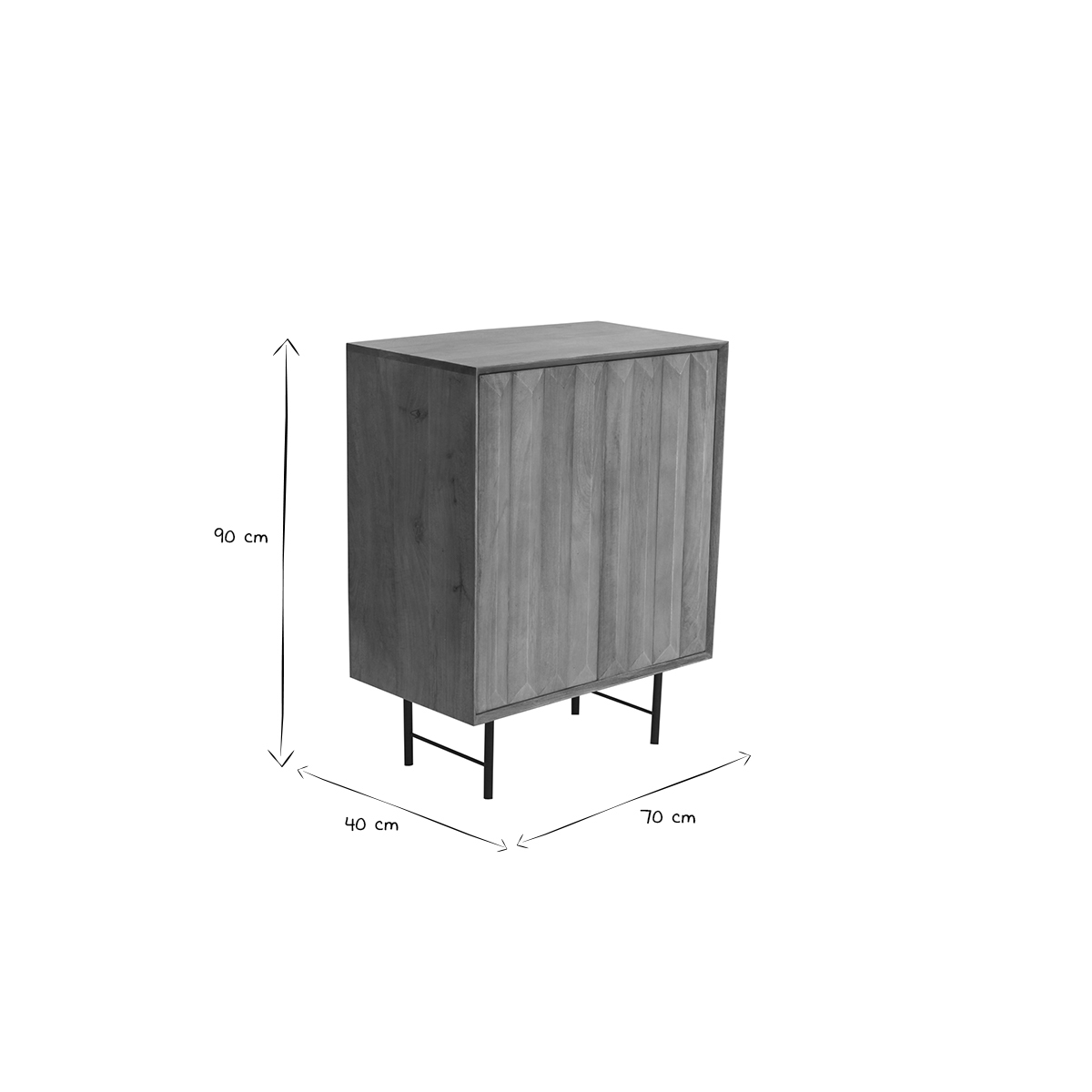 Buffet en bois manguier massif gravé et métal noir 2 portes L70 cm AGRA chêne clair, MILIBOO
