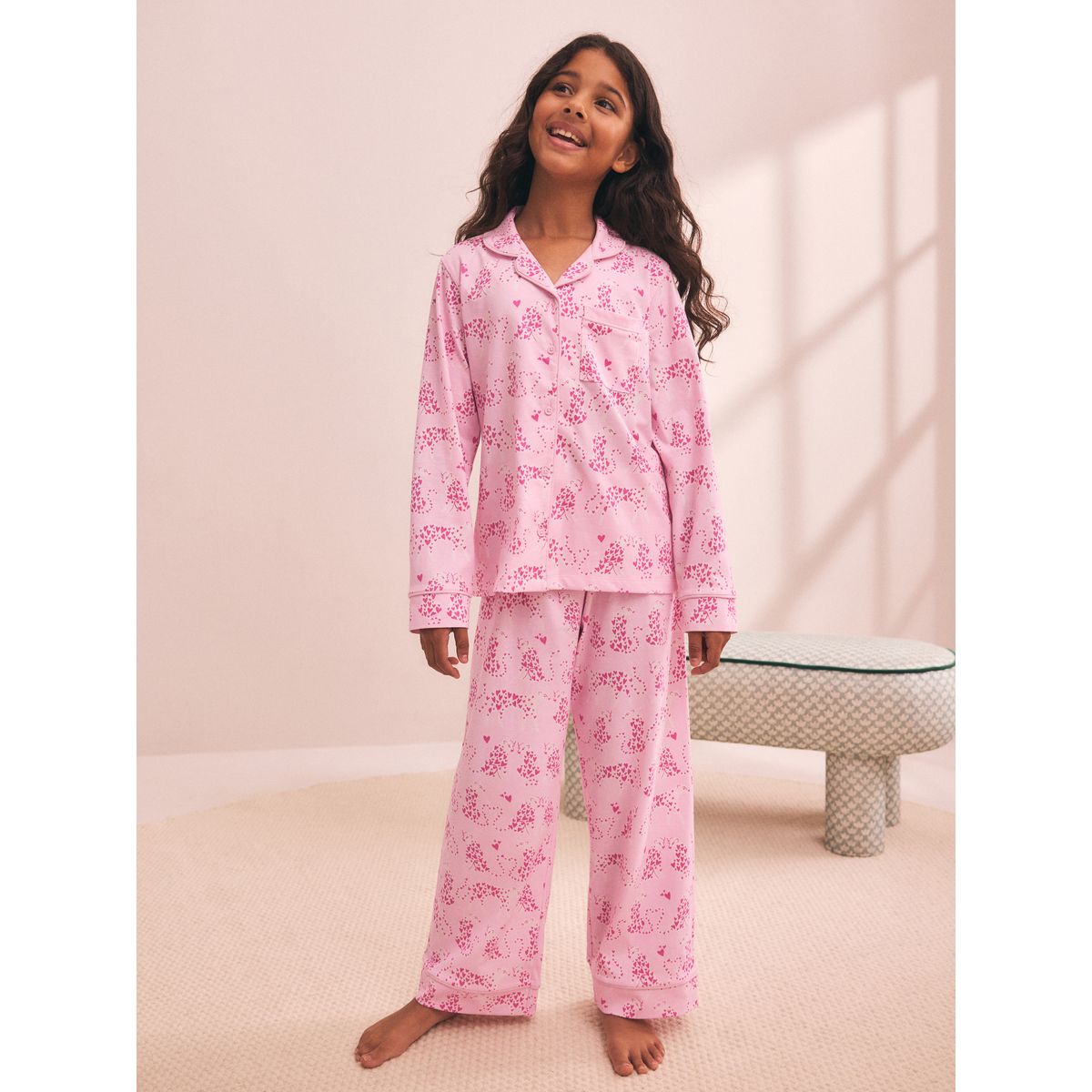 Pyjama en jersey boutonné imprimé léopard rose, NEXT