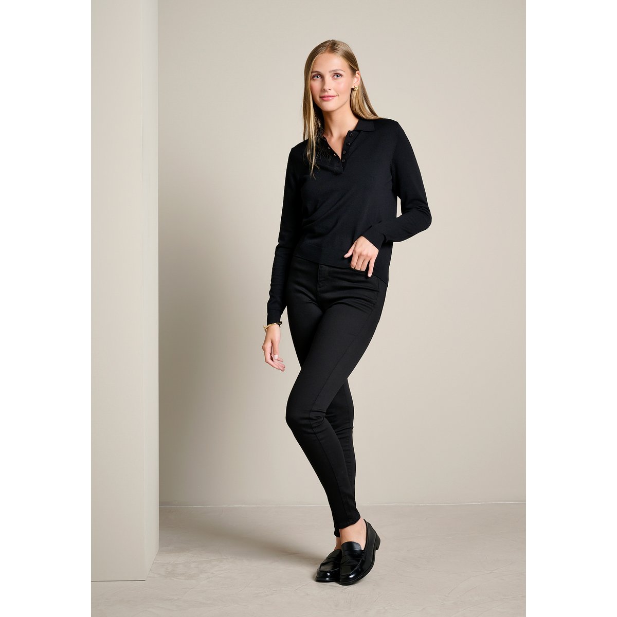 Pull col polo boutonné noir, LOLALIZA