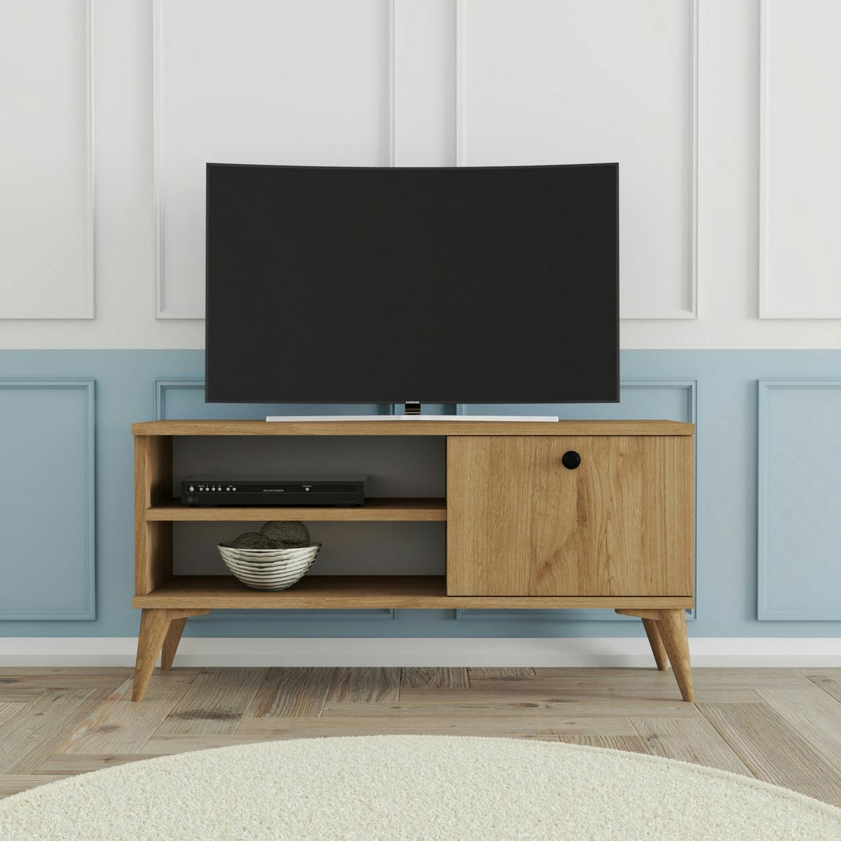 Petit meuble TV scandinave décor bois clair 1 porte UMEA bois naturel, PIER IMPORT