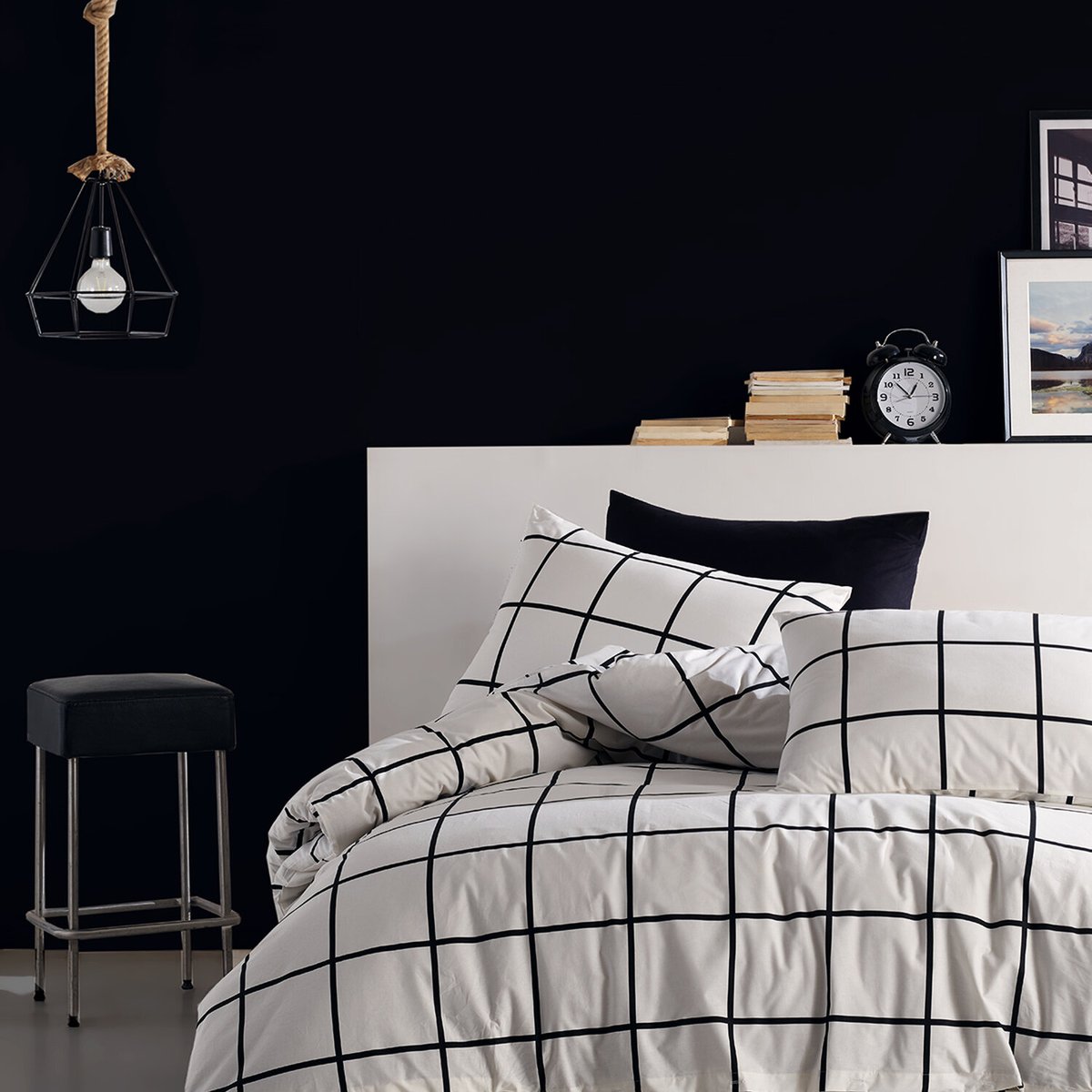 Parure Housse de couette 3 pcs 240x220 cm 100% coton 57 fils imprimé."Carreaux noir" blanc / noir, C DESIGN HOME TEXTILE