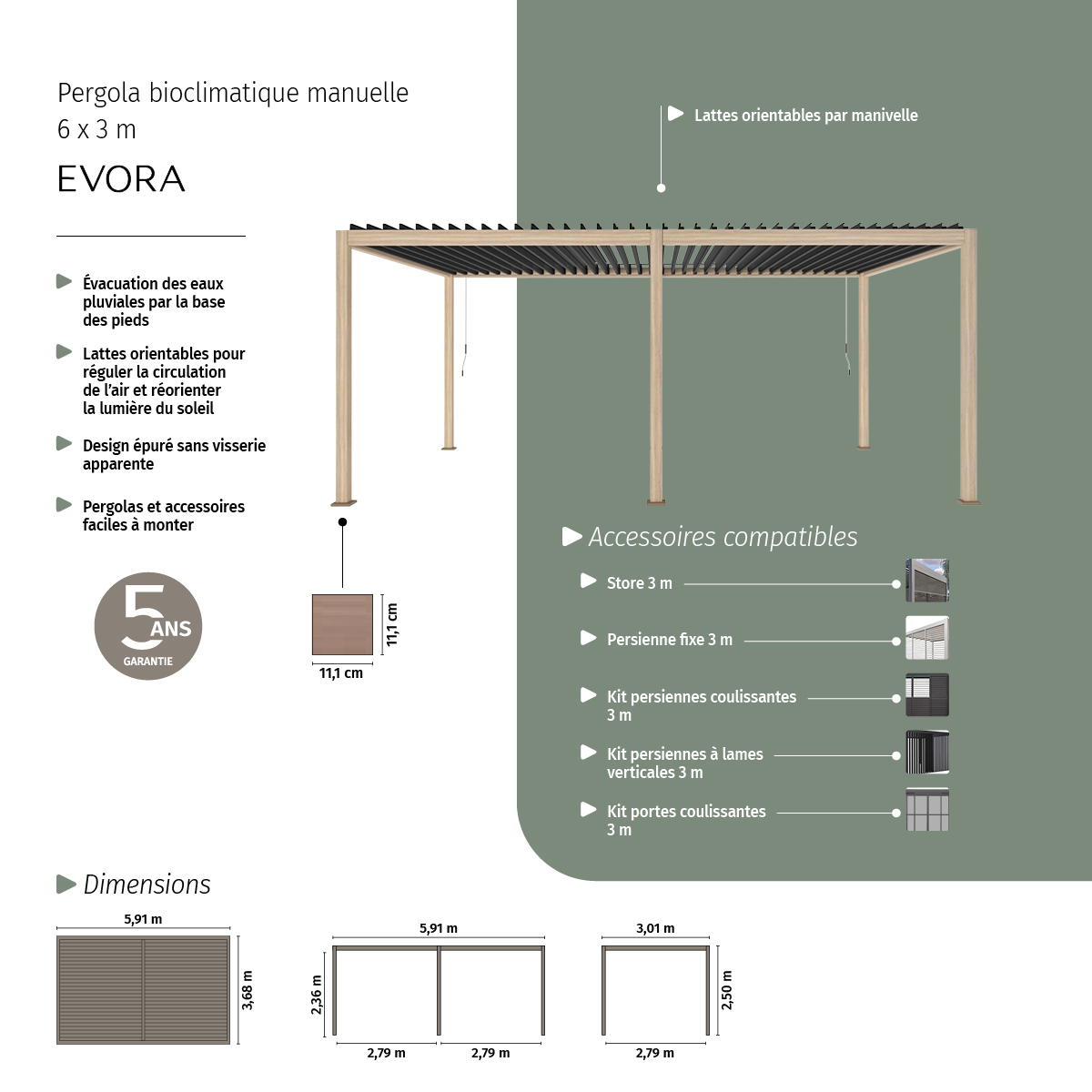 Pergola bioclimatique aluminium effet bois à lattes orientables 6x3m EVORA miel, HESPERIDE