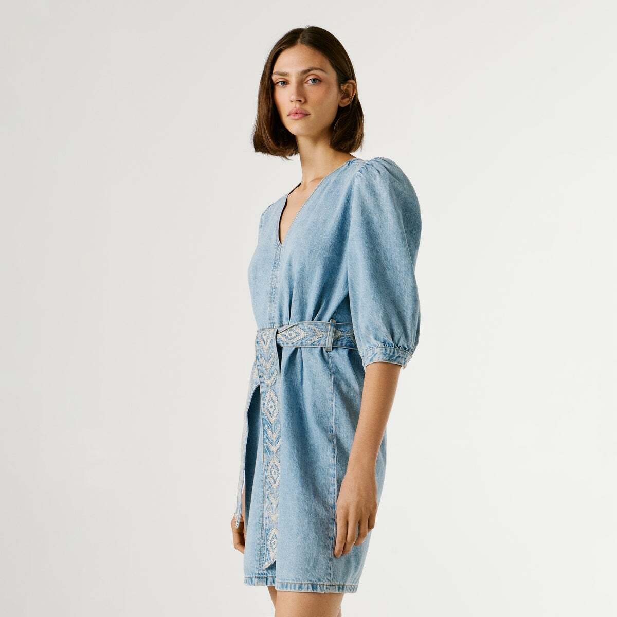 Robe Courte En Denim À Col En V 11oz blue rigid denim, PEPE JEANS