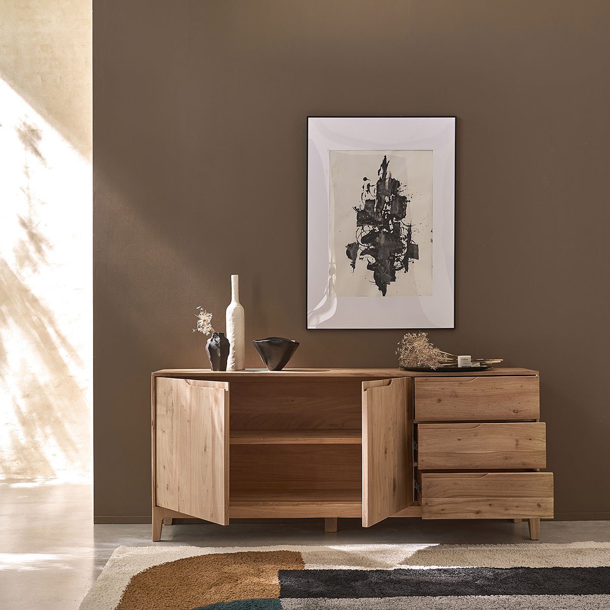 Buffet 2 portes, 3 tiroirs en acacia massif 170 cm  SAMSO couleur unique, BERAH GETAH