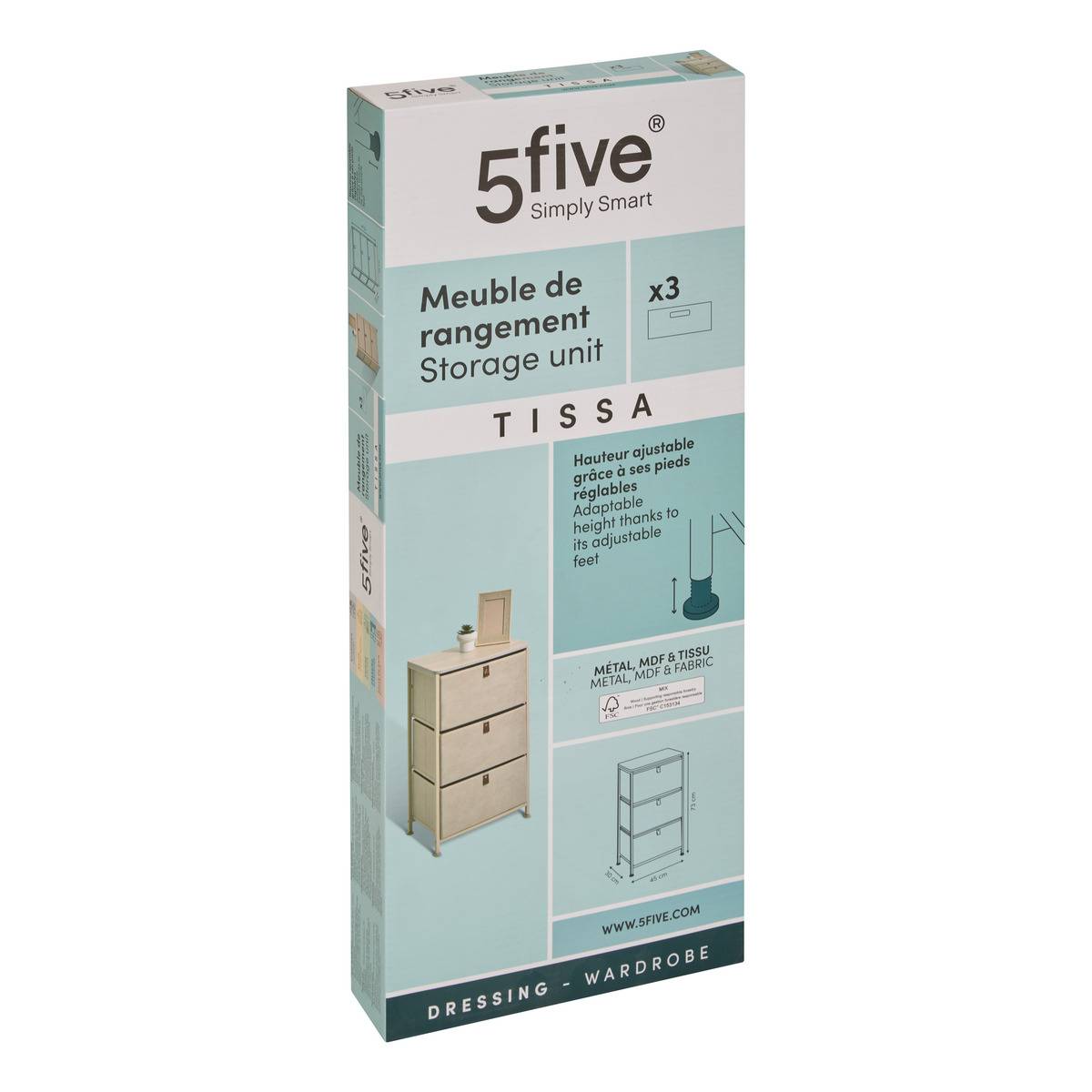 Meuble de rangement 3 tiroirs en acier et bois TISSA beige, 5FIVE SIMPLY SMART