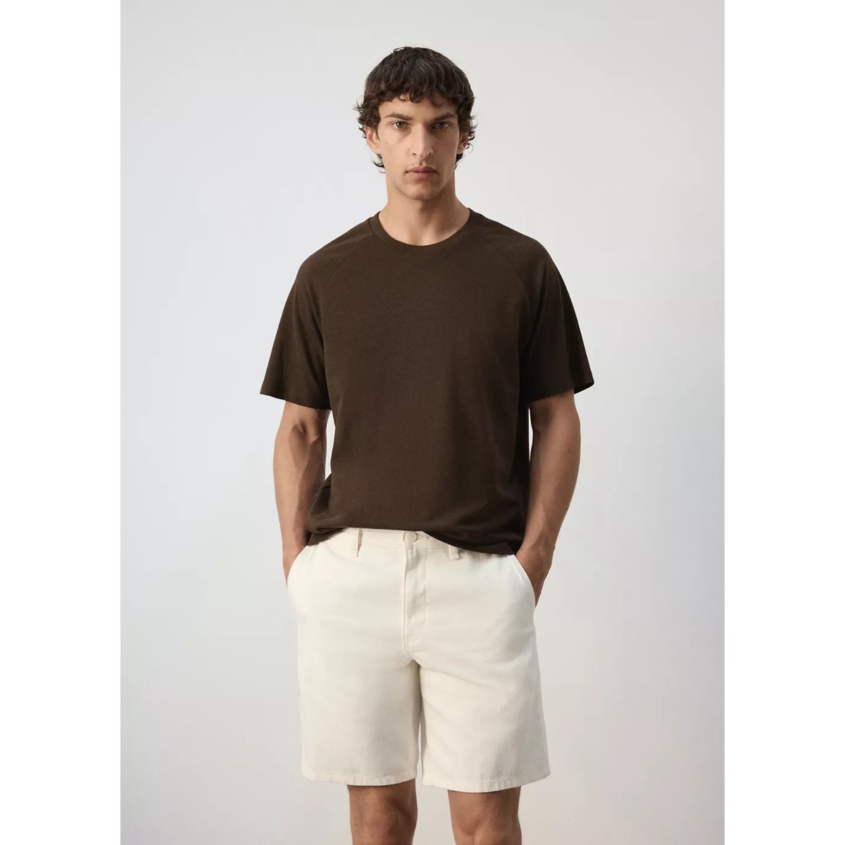 T-shirt relaxed fit en mélange de coton et lin chocolat, MANGO MAN