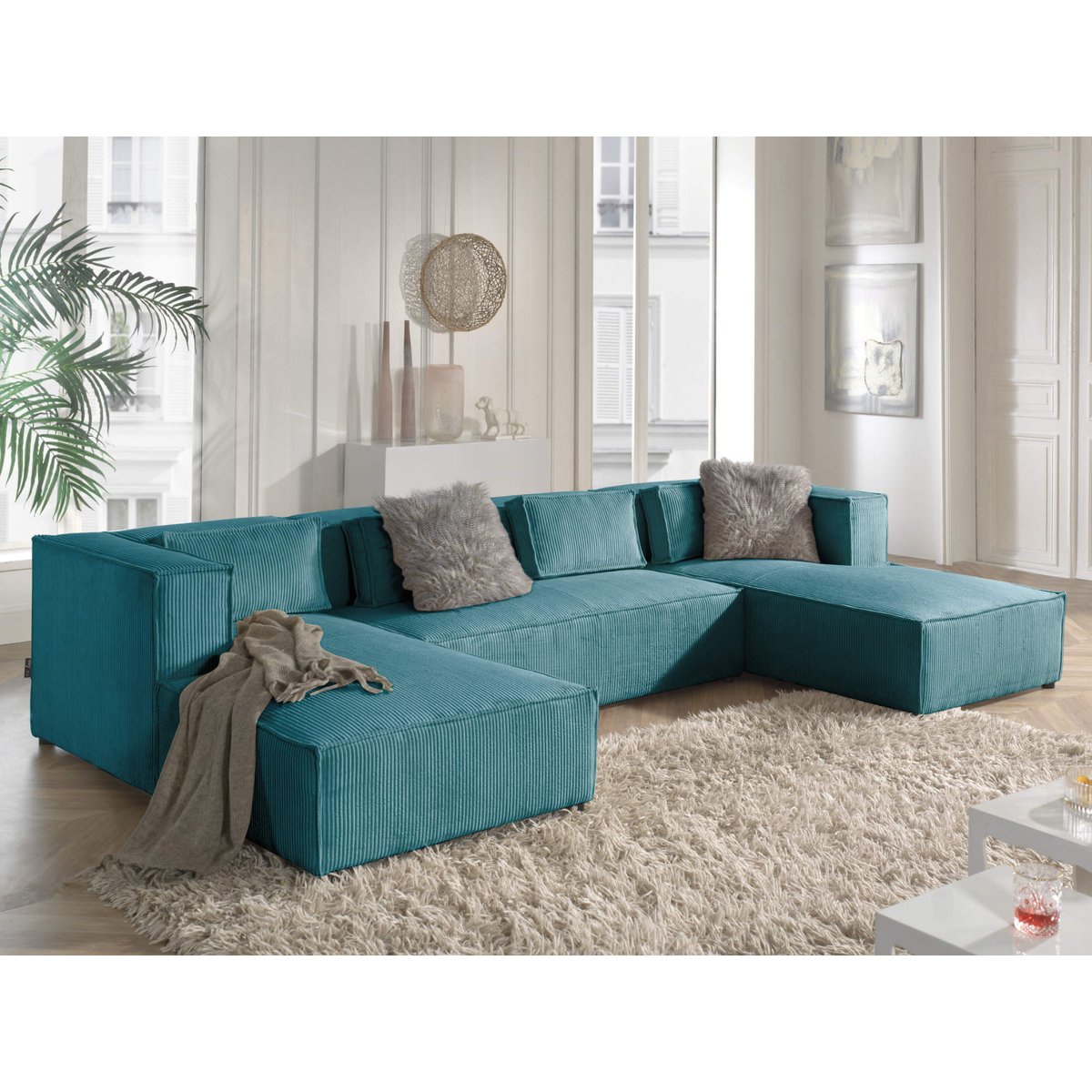 Canapé Panoramique 7 places - STELLA bleu canard, BEST MOBILIER