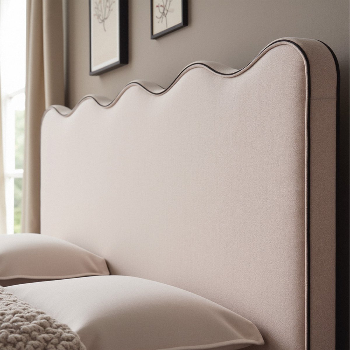 Lit coffre en tissu avec tête de lit ondulée 160x200cm- NAGOYA beige, DRAWER