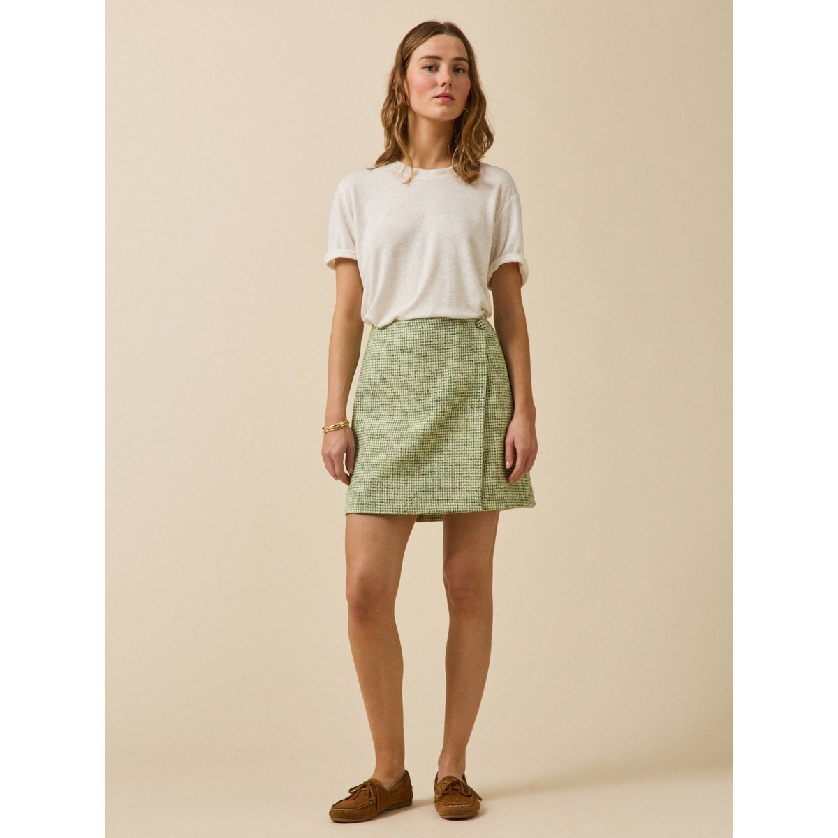 Jupe courte portefeuille tweed carreaux tweed bico vert, CYRILLUS