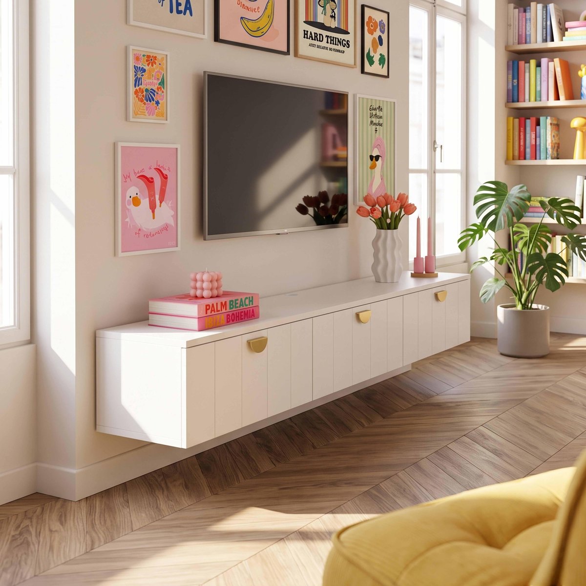 Meuble TV suspendu 200 cm style bohème, HOLLY blanc, OVIALA