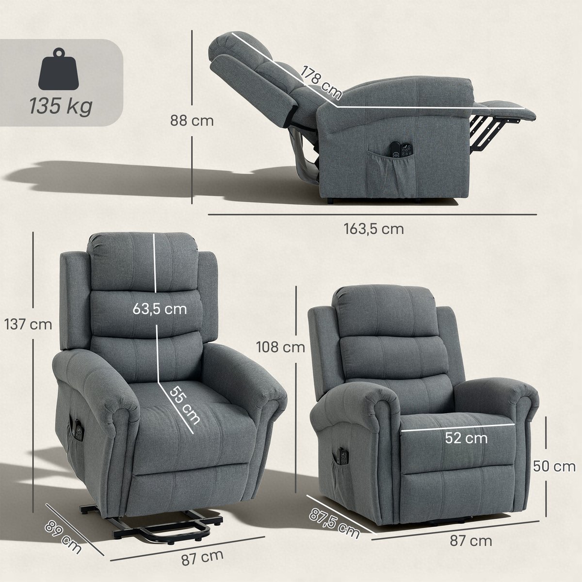 Fauteuil releveur multifonctionnel Lin (100% gris, HOMCOM
